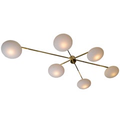 Italian Asymmetric Six Opaline Glass Globe and Brass Chandelier