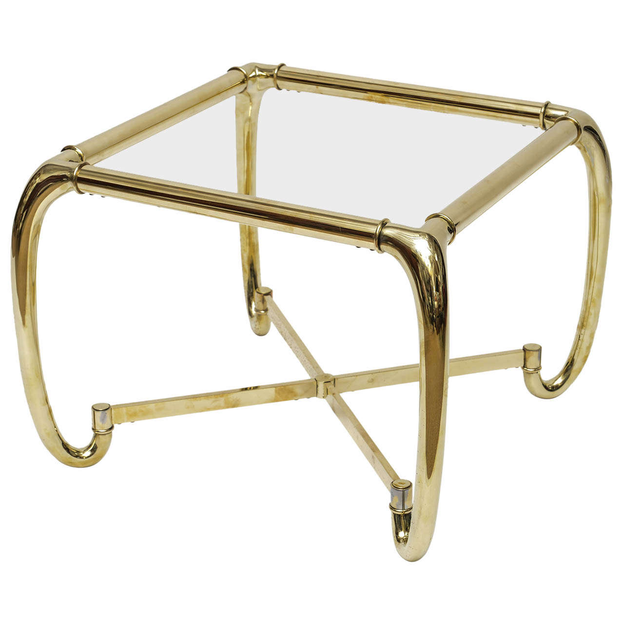 Mastercraft Attributed Heavy Brass Glass Side Table, Italy For Sale