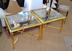 Pair Hollywood Regency French Maison Jansen Polished Brass Tables Glass Tops