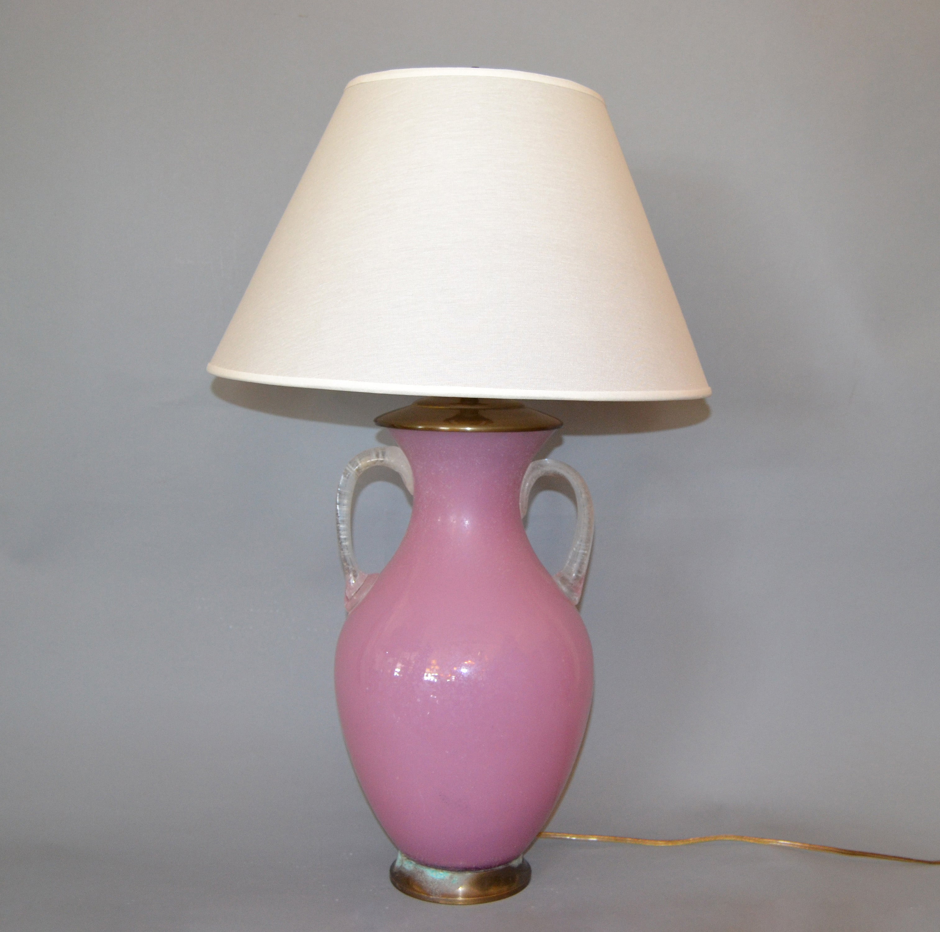 Mid-Century Modern Blown Scavo Glass Handled Pink and Clear Table Lamp Chapman For Sale