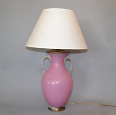 Mid-Century Modern Blown Scavo Glass Handled Pink and Clear Table Lamp Chapman