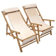 Pair of Vintage Bamboo, Brass & Linen Fabric Folding Lounge Chairs, 1970