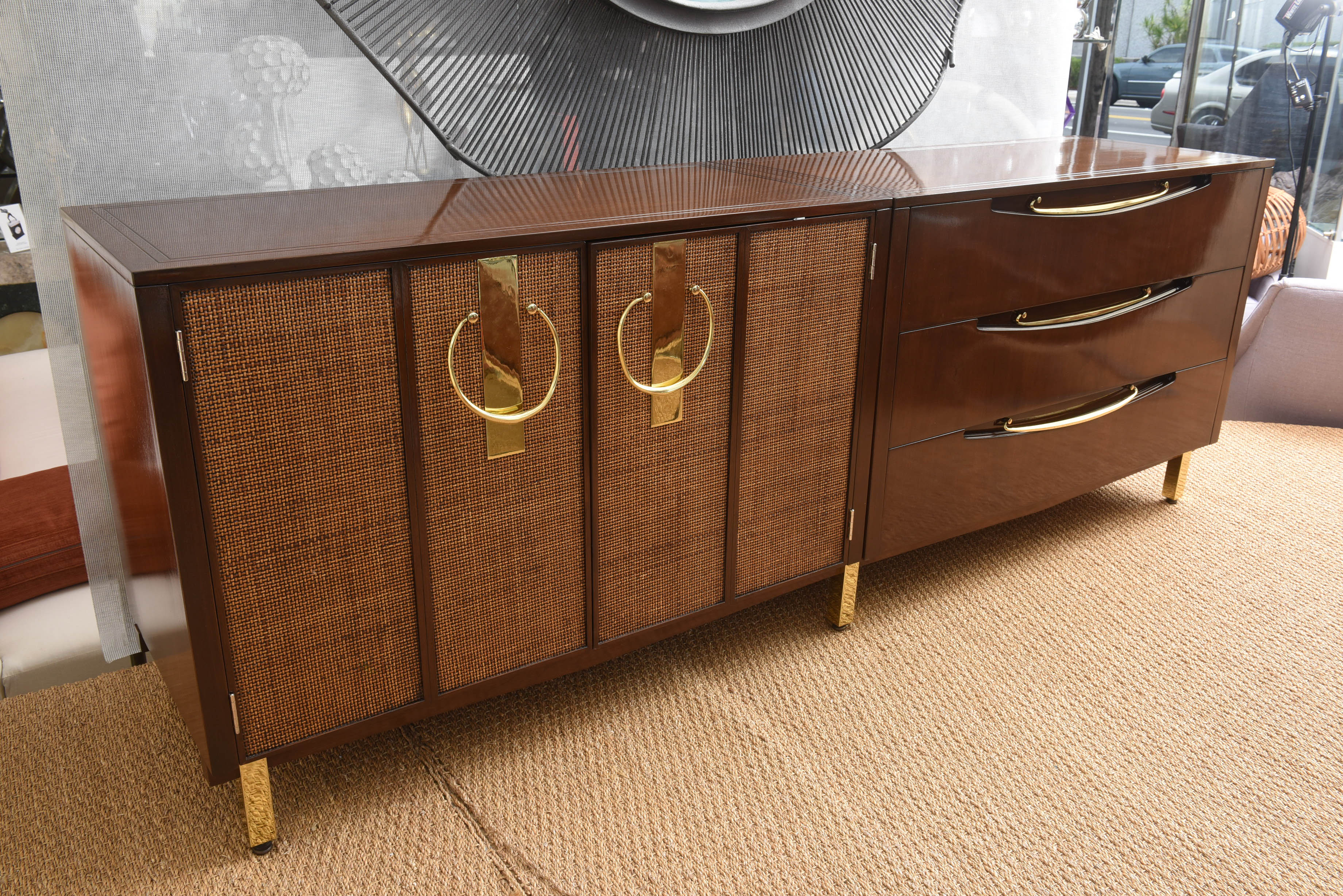 Credenza with Brass Pulls and Legs by Johnson Furniture Co.