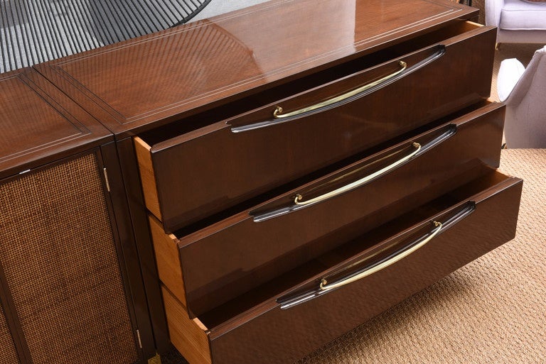 Credenza with Brass Pulls and Legs by Johnson Furniture Co. In Excellent Condition In Miami, FL