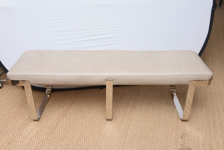 Long bench from the Pace Collection. Flat steel bar legs recently re-chromed. Upholstered in  faux shagreen.
