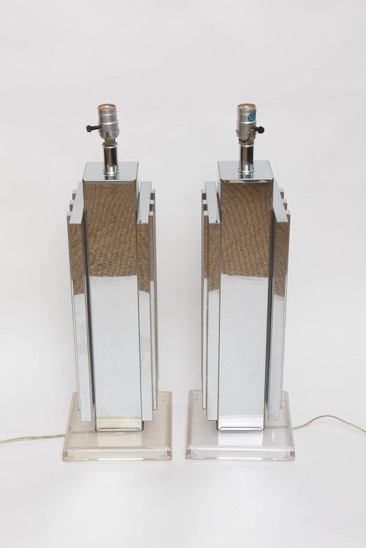 Polished Pair of Lucite Brass and Mirrored Chrome Table Lamps