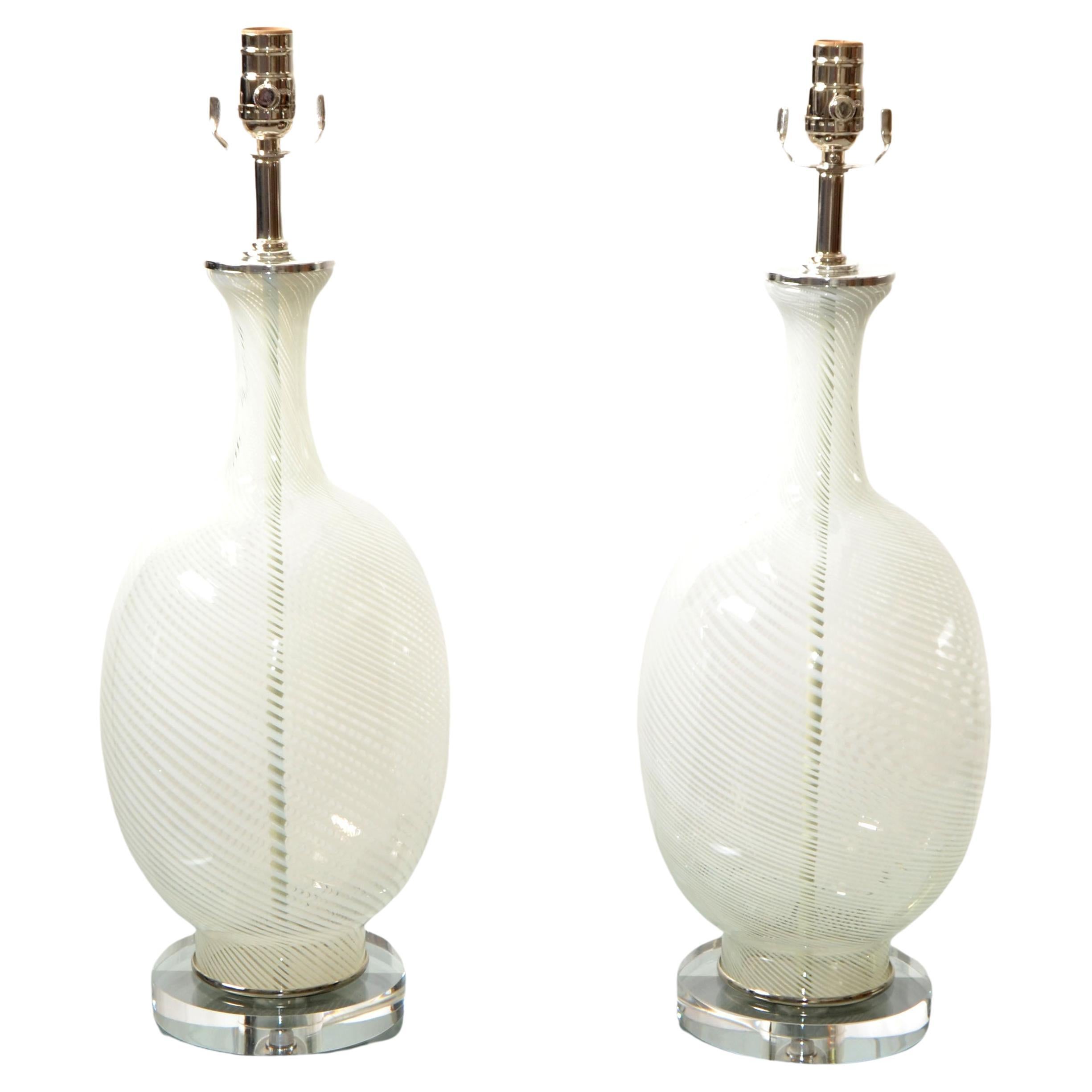 Pair Dino Martens Style Swirl Post Modern Transparent Blown Glass Table Lamps