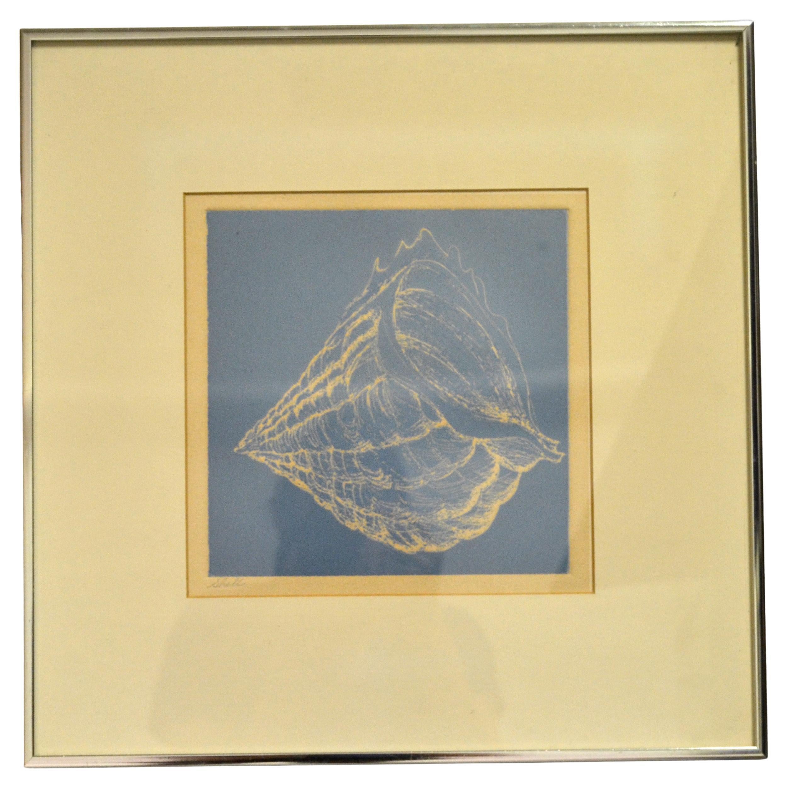 Framed Realism Blue & Beige Seashell Pencil Painting, Fine Art Brushed Chrome For Sale