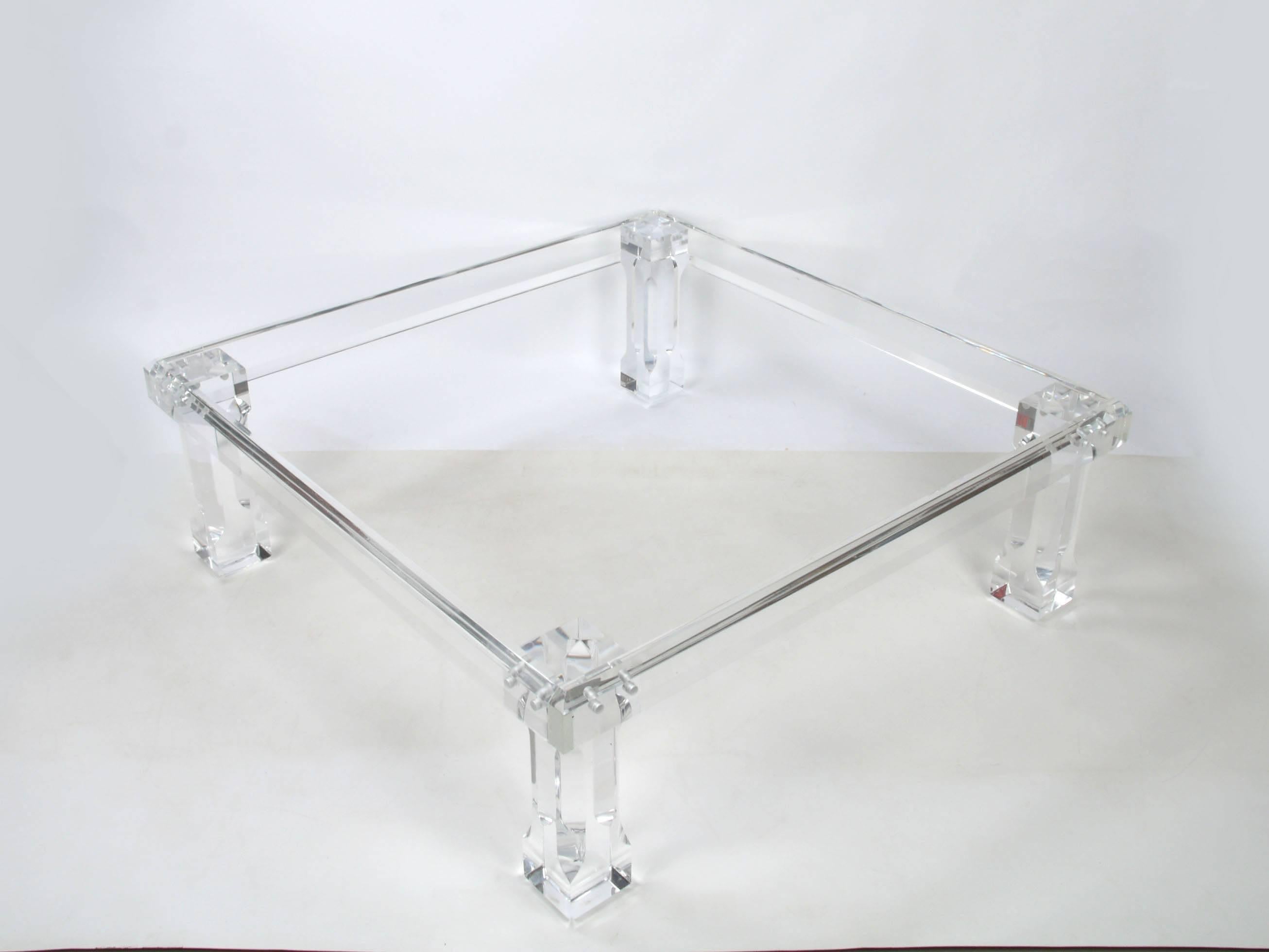 Vintage square Lucite coffee table. Marked on the leg: VJJ1977. 
This design is timeless and the quality of craftsmanship is simply unparalleled.