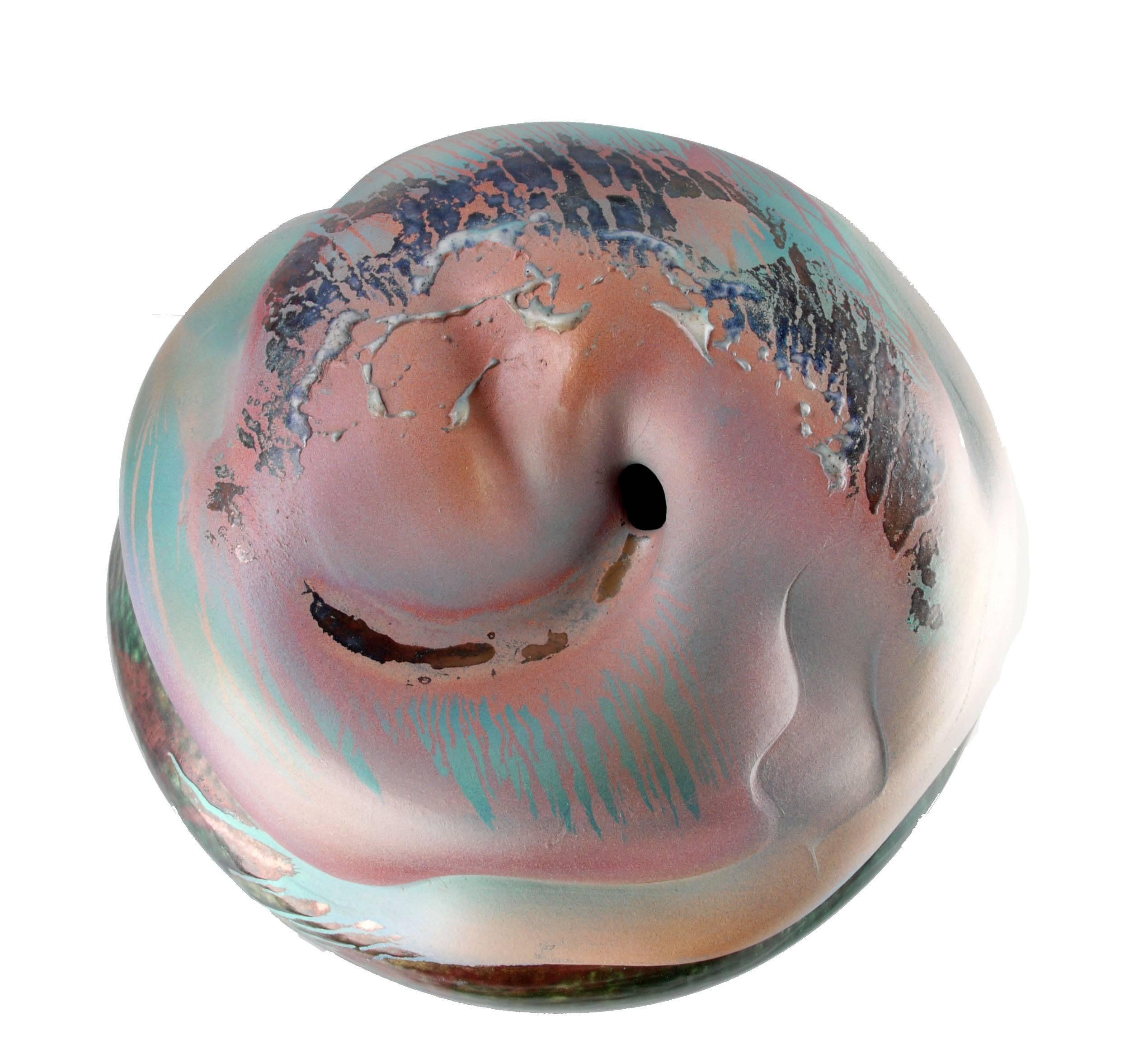 American Mid-Century Modern Large Spherical Drip Glazed Art Pottery in Green, White, Pink