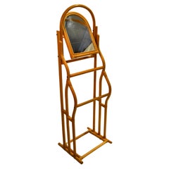 Vintage Sculptural Bent Bamboo Caning Valet Stand Mirror Two Tier Hanging Bars