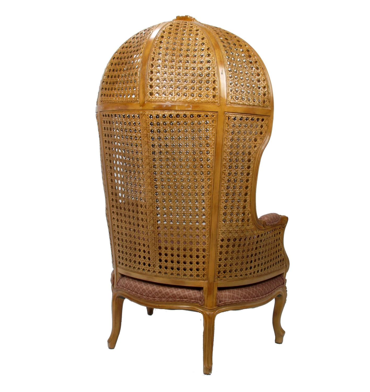 Vintage HandCarved Cane HighBack Hooded Chair For Sale at 1stdibs
