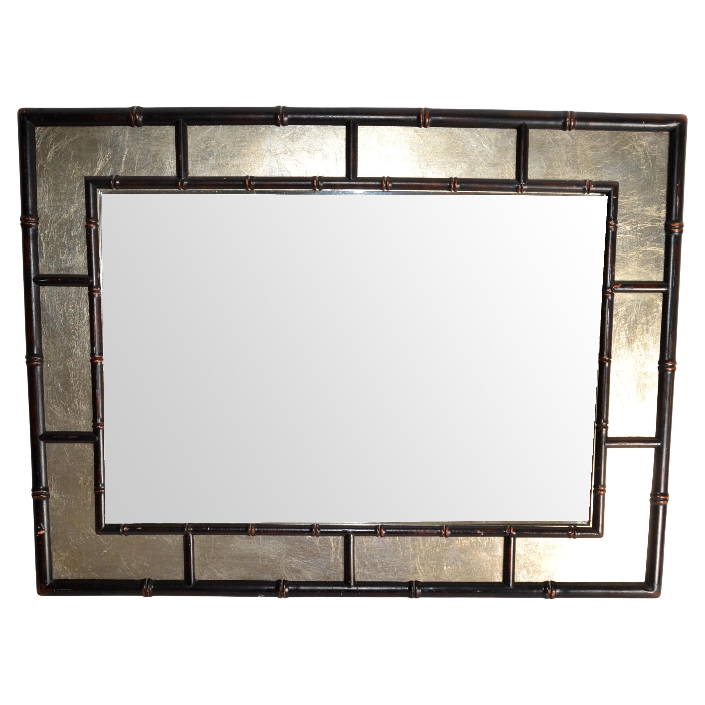 1970s Rectangle Silver and Brown Faux Bamboo Wood Wall Mirror Mid-Century Modern For Sale