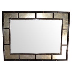 1970s Rectangle Silver and Brown Faux Bamboo Wood Wall Mirror Mid-Century Modern