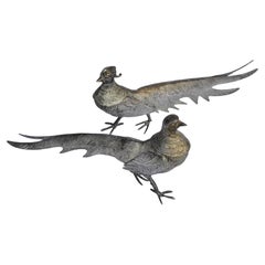 Silberbeschichtetes Bronzeset aus dem 20. Jahrhundert mit 2 Fasanen-Tierfiguren, Italien