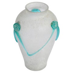 Archimede Seguso Style Scavo Corroso Art Glass Vase Frosted & Aqua Murano Glass