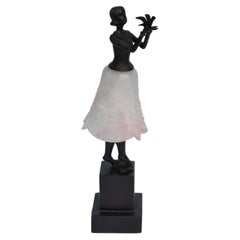 Art Deco Bruno Zach Attributed Bronze Sculpture Female Dancer Lamp Glass Shade
