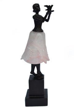 Art Deco Bruno Zach Attributed Bronze Sculpture Female Dancer Lamp Glass Shade