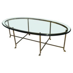 Hollywood Regency Mastercraft Brass Hoof Feet Coffee Table Racetrack Glass Top
