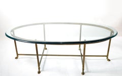 Hollywood Regency Mastercraft Brass Hoof Feet Coffee Table Racetrack Glass Top