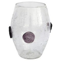 1960s Large Blenko Crackle Art Glass Vase Textured Clear Surface Purple Flowers