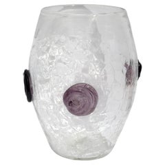 1960s Large Blenko Crackle Art Glass Vase Textured Clear Surface Purple Flowers