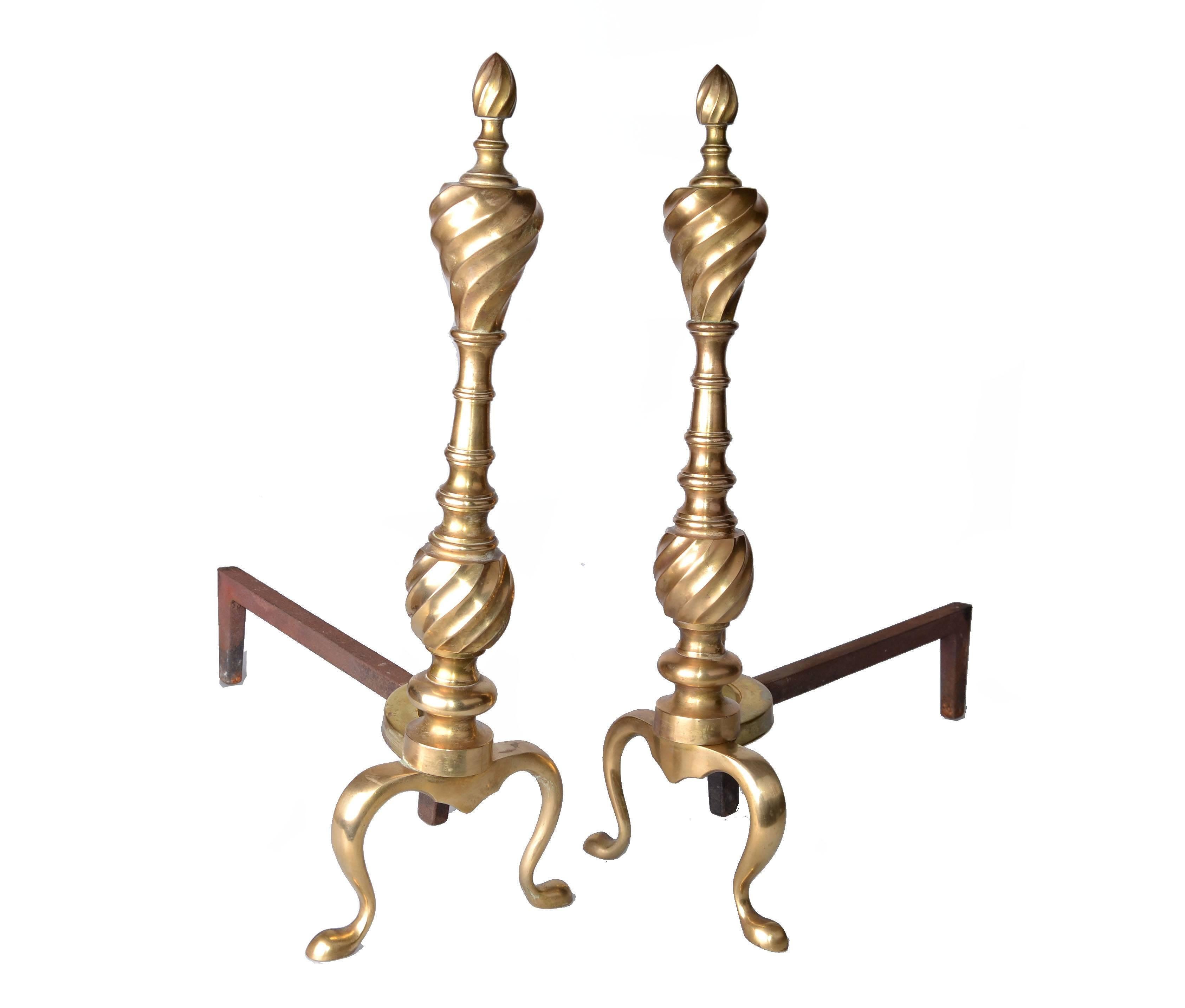 Hollywood Regency Pair of Solid Brass Andirons