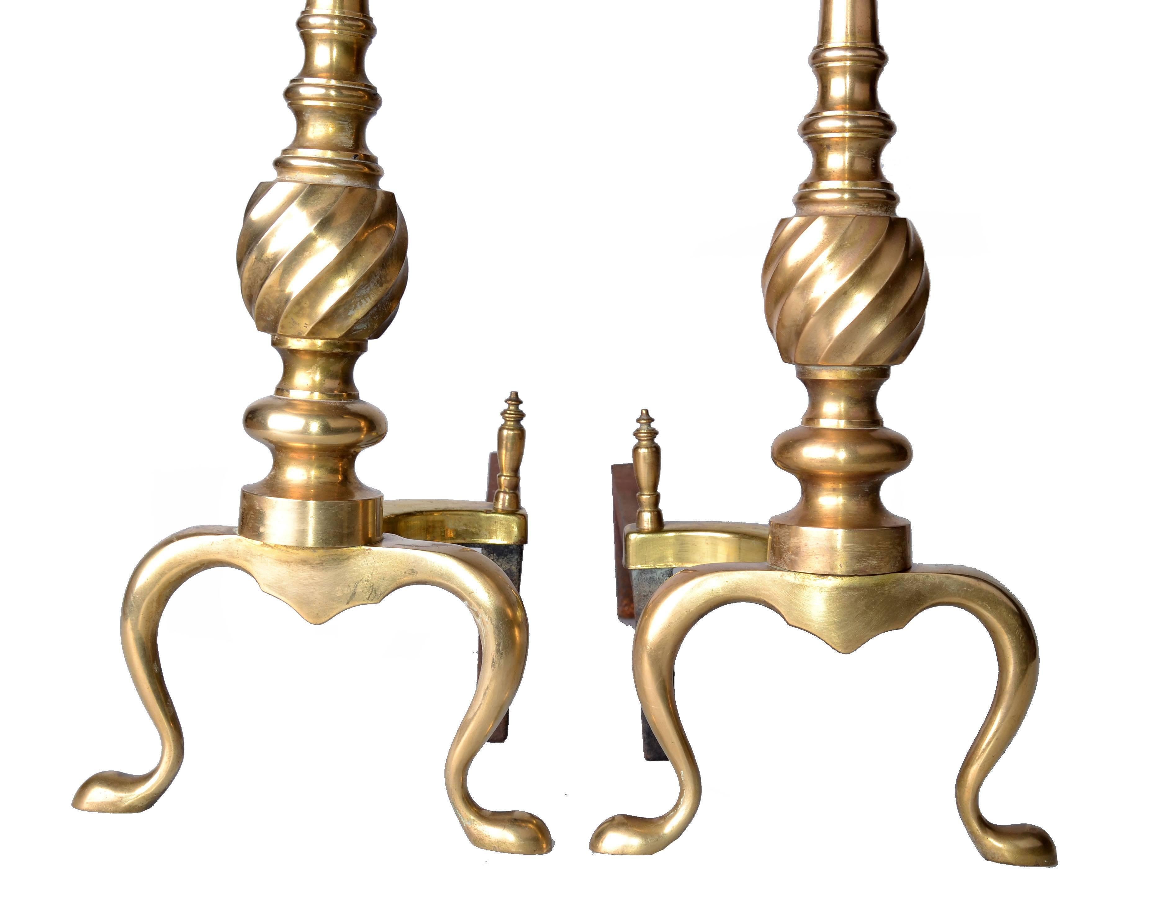 Polished Pair of Solid Brass Andirons