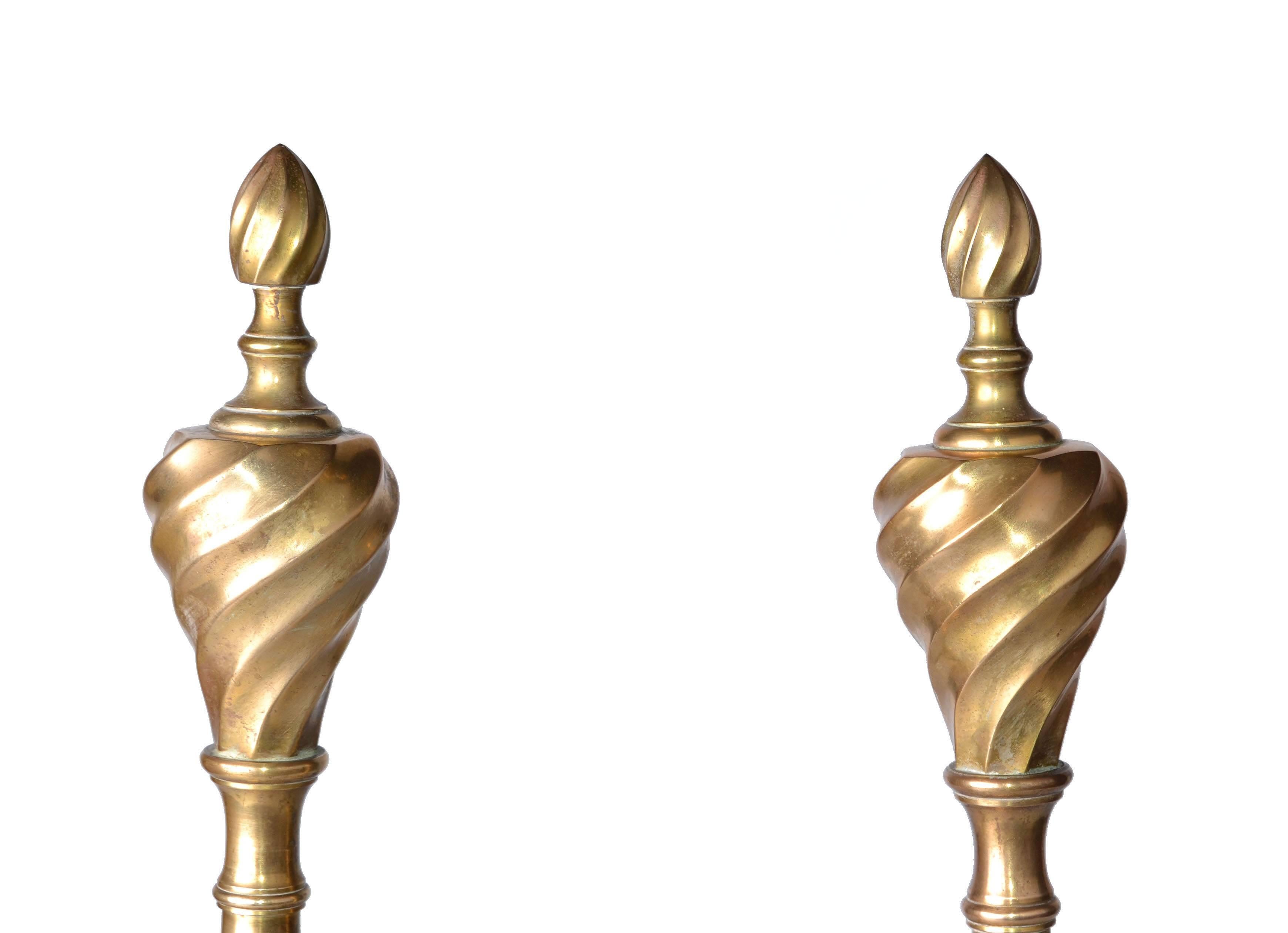 20th Century Pair of Solid Brass Andirons