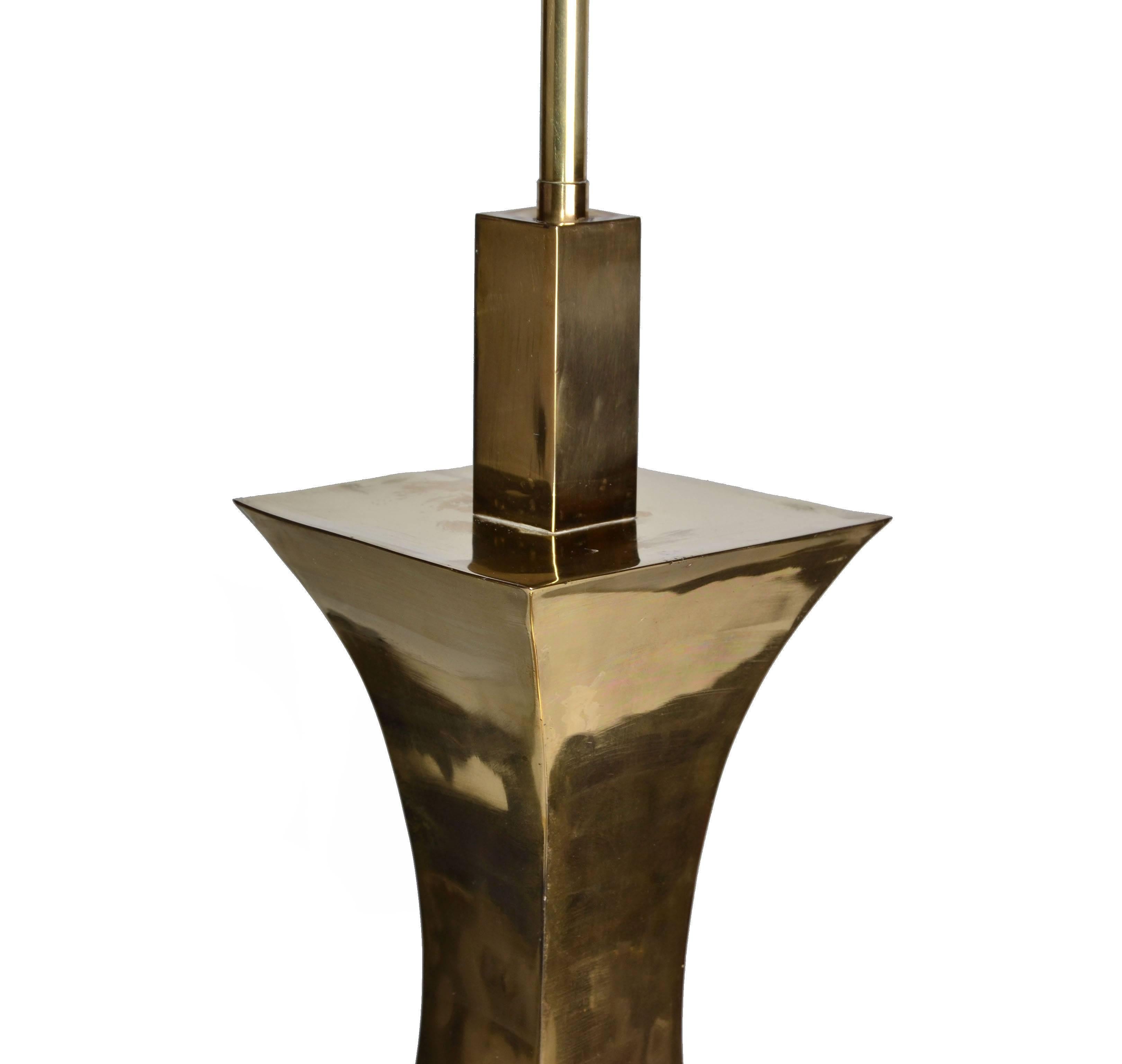 French Pair, Tall Solid Brass Vessel Shape Table Lamps Shades Mid-Century Modern 1960s For Sale