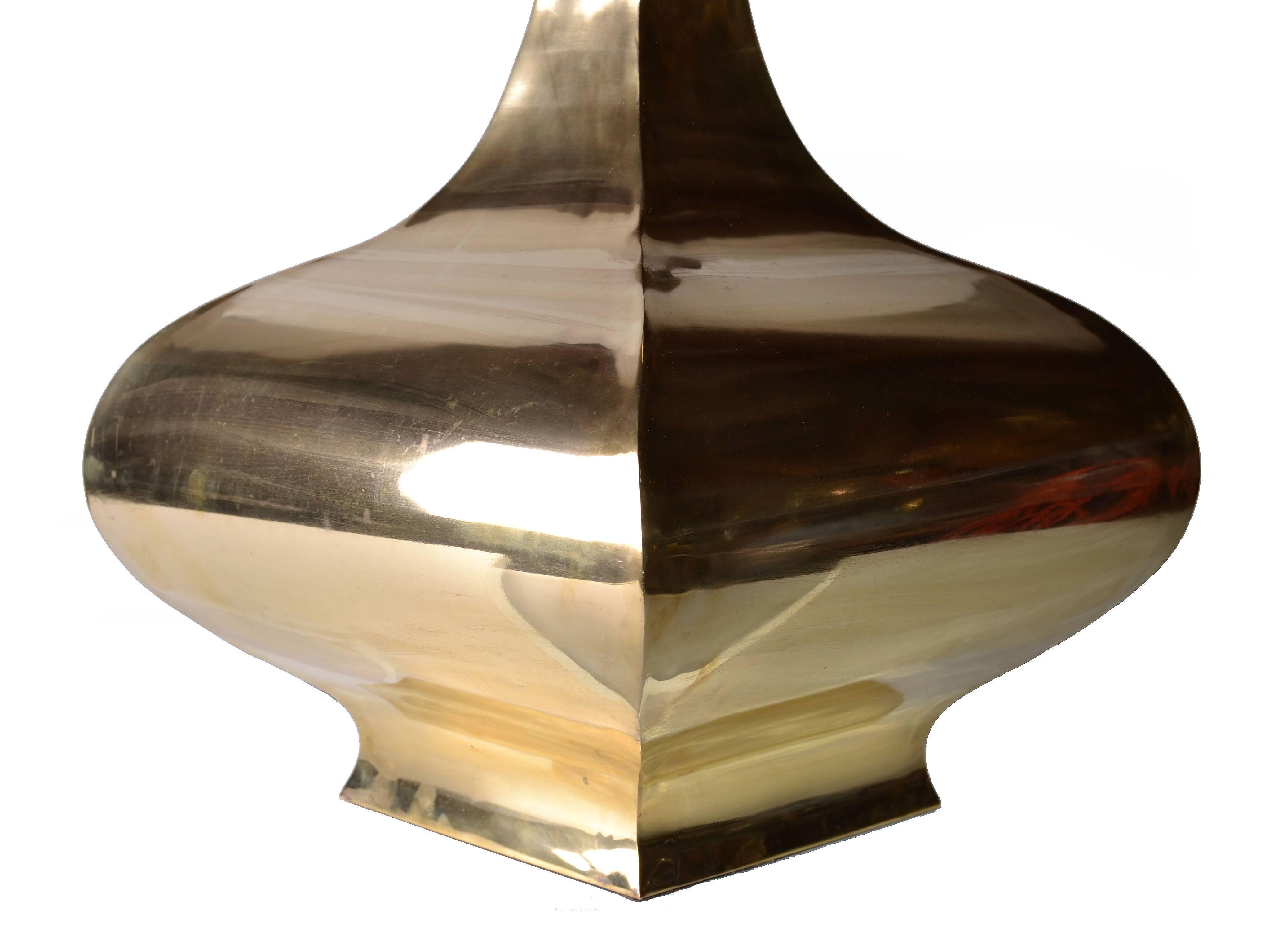 Pair, Tall Solid Brass Vessel Shape Table Lamps Shades Mid-Century Modern 1960s In Good Condition For Sale In Miami, FL