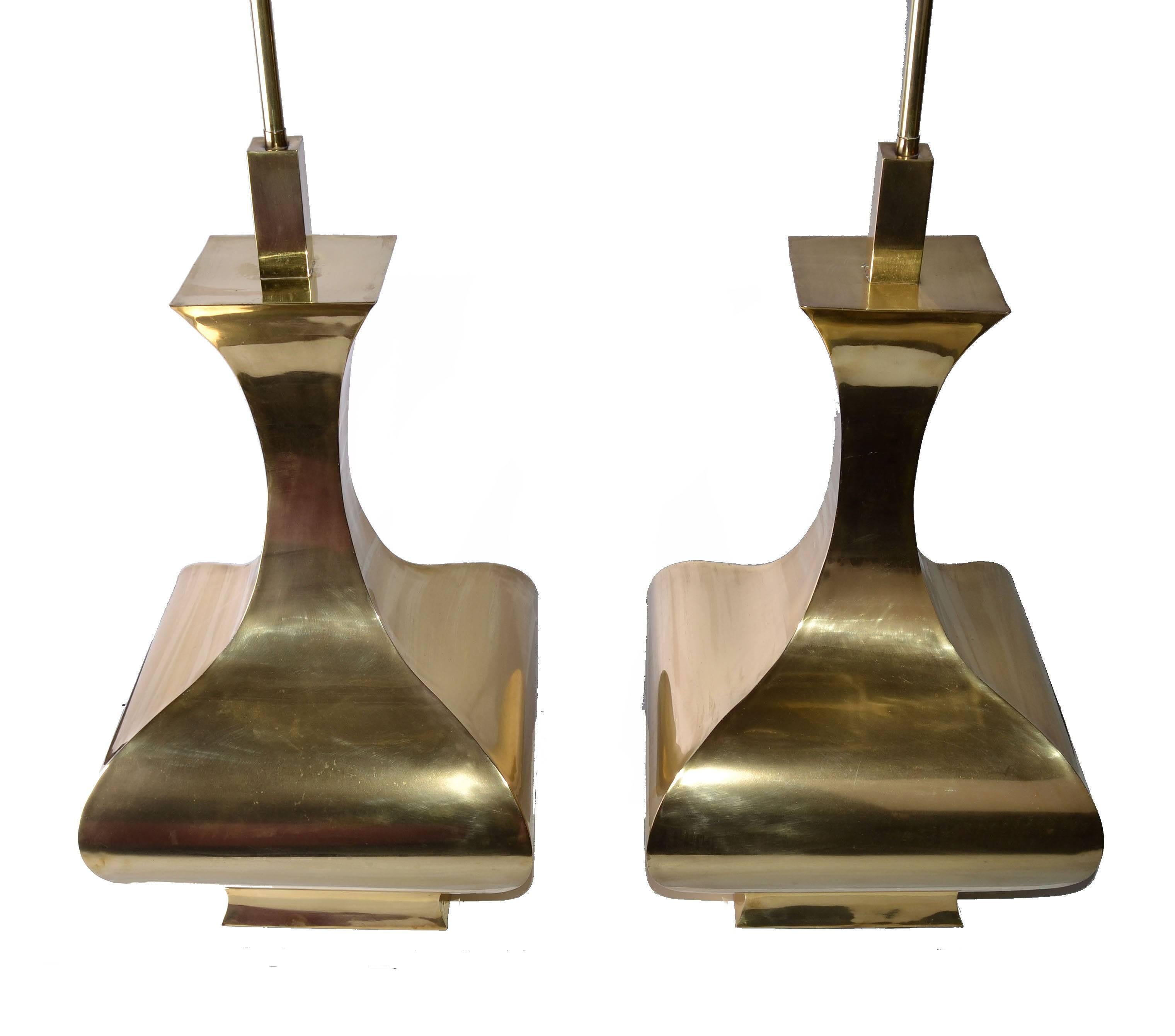 Pair, Tall Solid Brass Vessel Shape Table Lamps Shades Mid-Century Modern 1960s For Sale 1