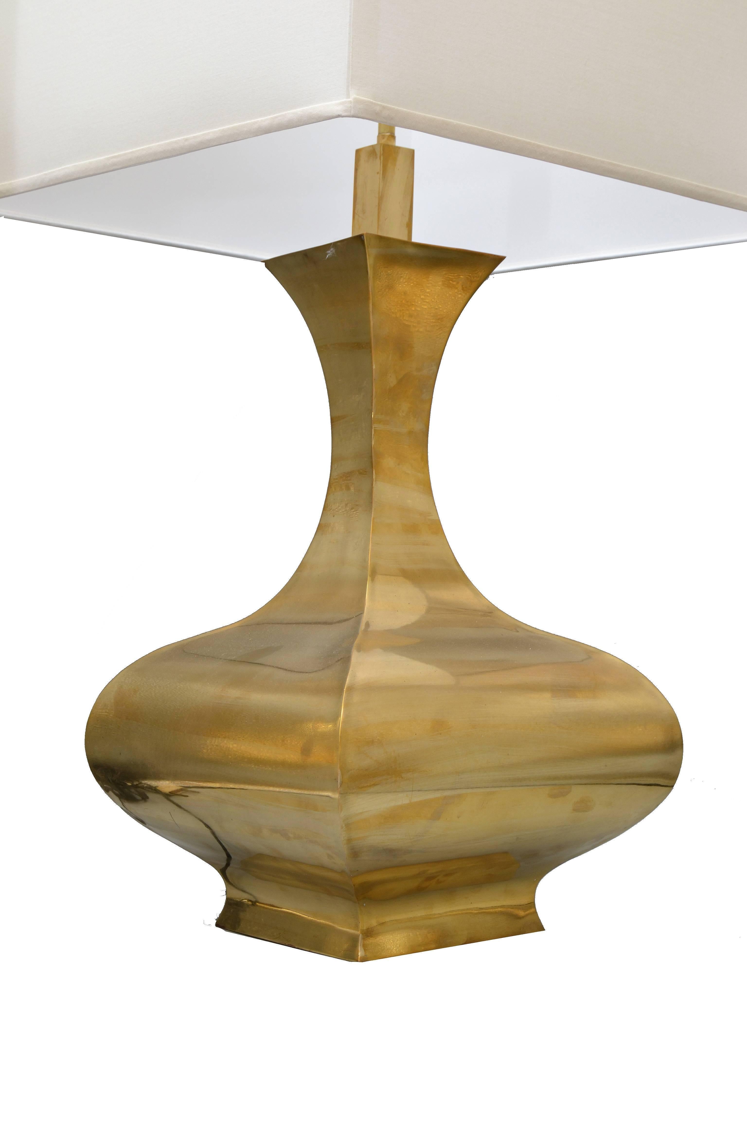 Mid-20th Century Pair, Tall Solid Brass Vessel Shape Table Lamps Shades Mid-Century Modern 1960s For Sale