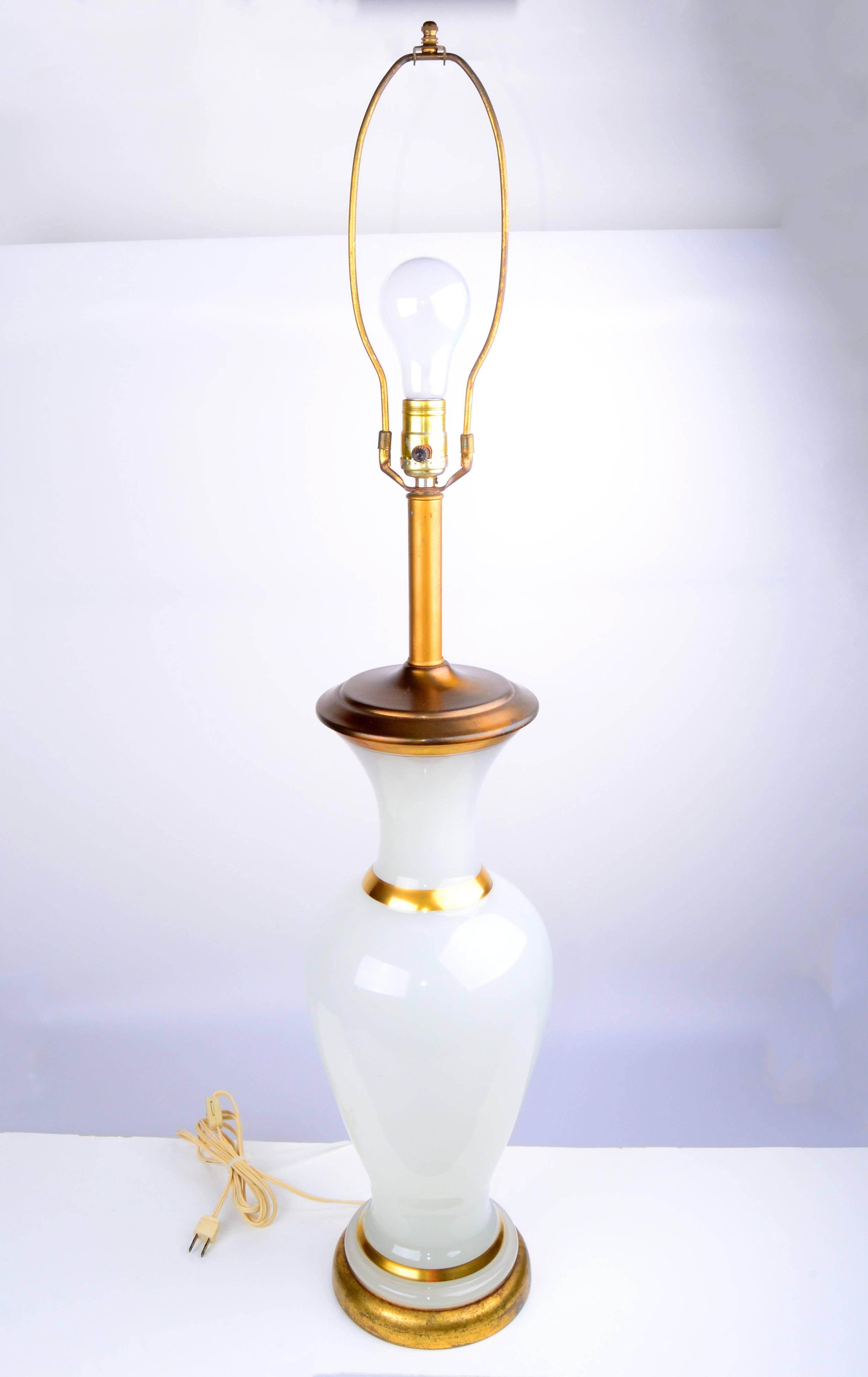 Wood 1950s Hollywood Regency Opal Glass and Brass Table Lamp For Sale