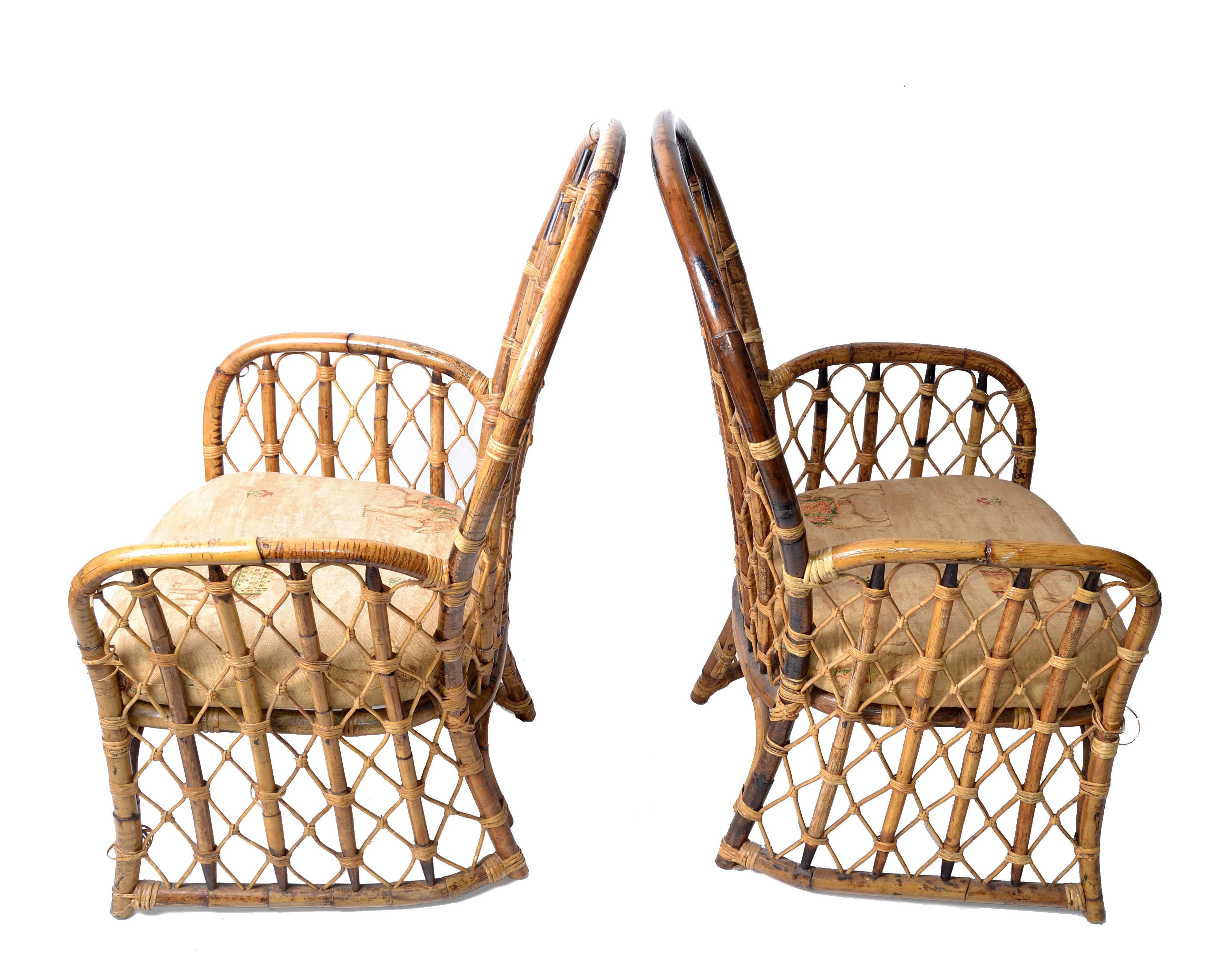 Hollywood Regency 1970s Rattan, Wicker and Bamboo Dining Armchairs, a Pair