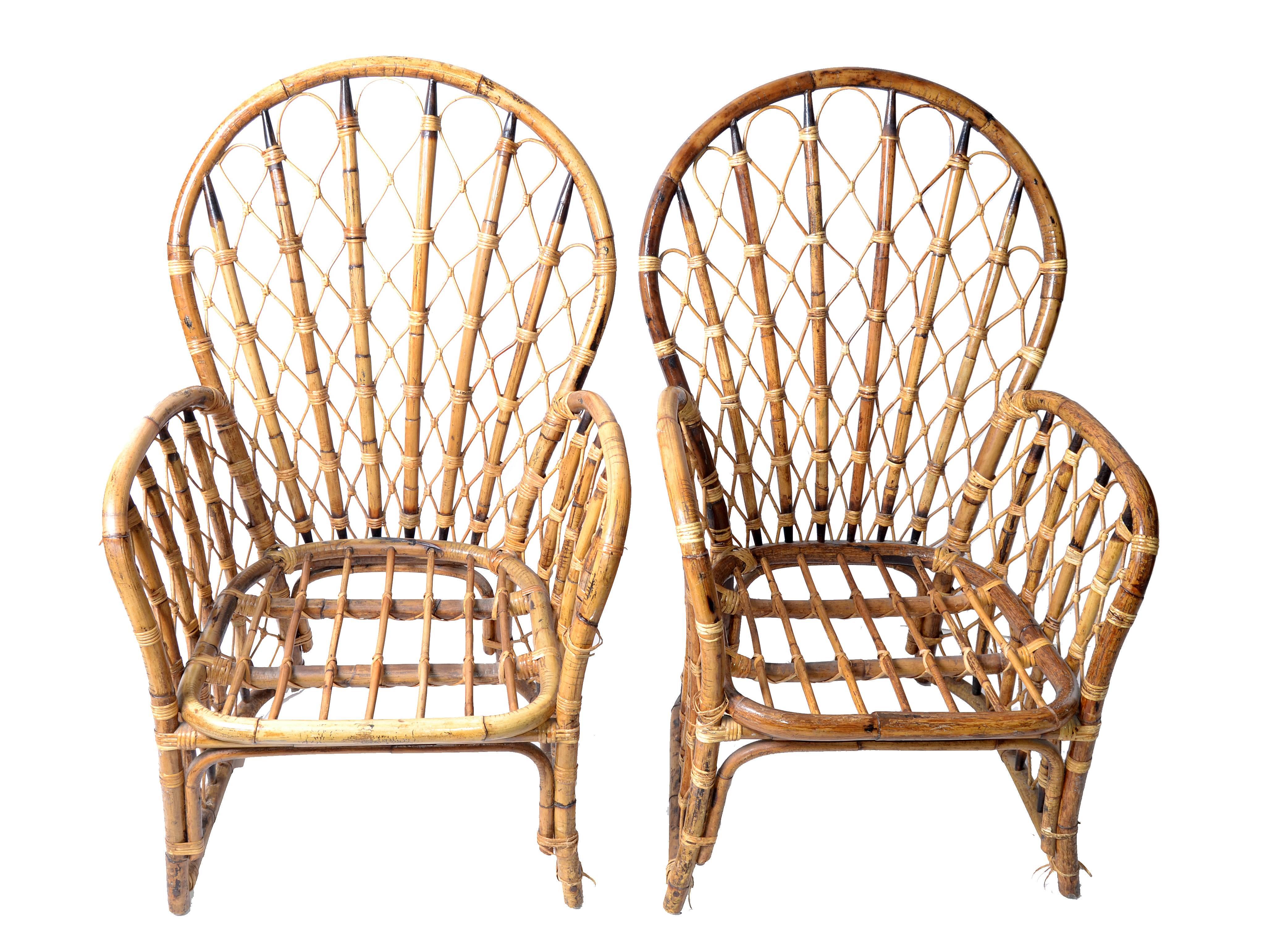 Philippine 1970s Rattan, Wicker and Bamboo Dining Armchairs, a Pair
