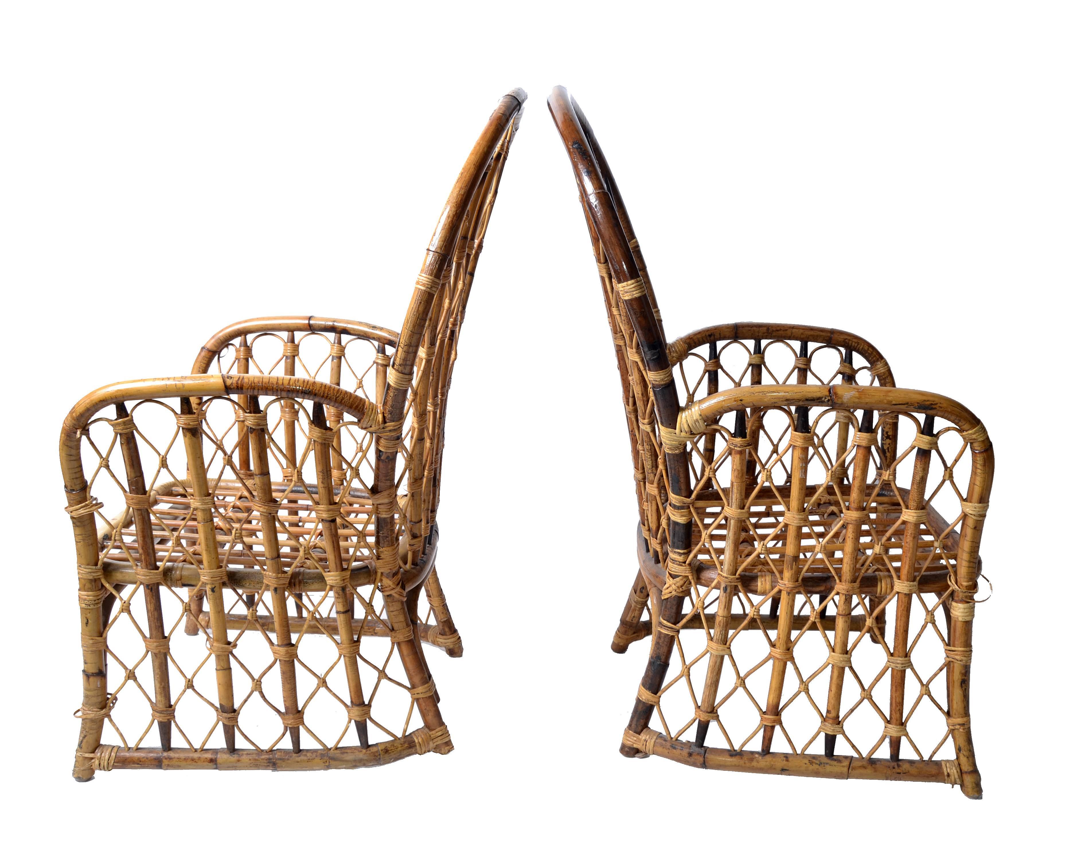 20th Century 1970s Rattan, Wicker and Bamboo Dining Armchairs, a Pair