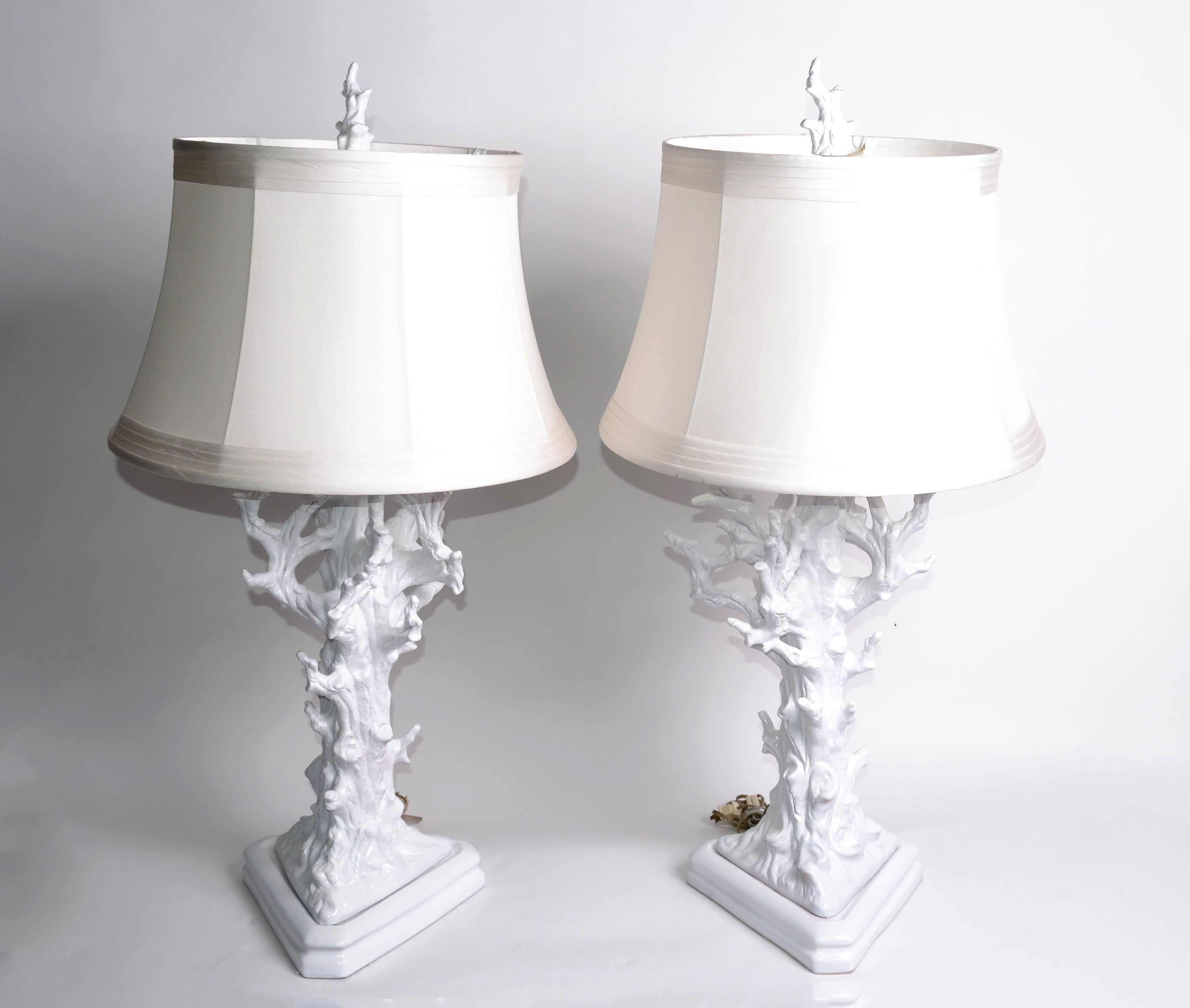 Pair White Porcelain Tree Branches Table Lamps Arts And Crafts In Good Condition In Miami, FL