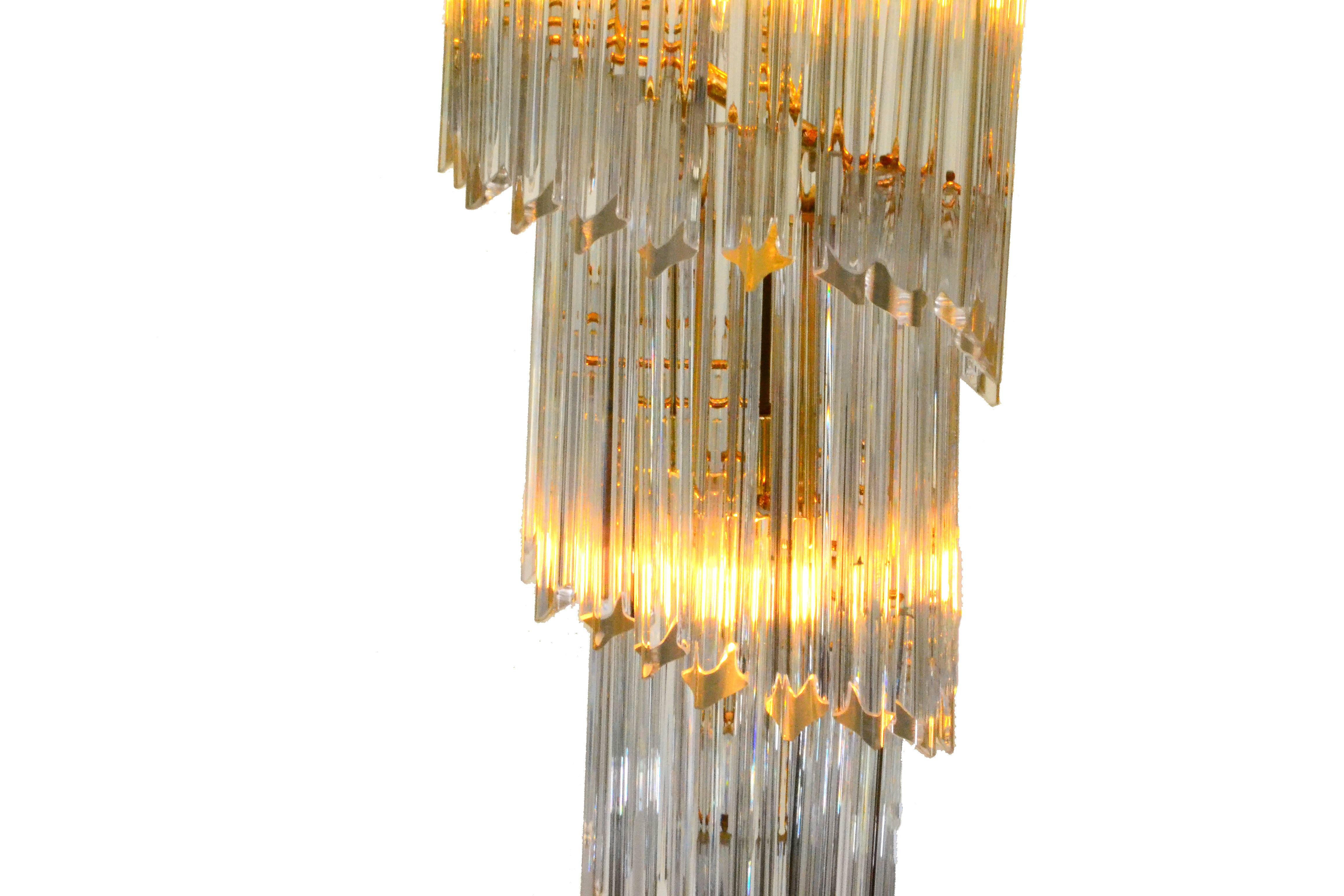 Mid-Century Modern Tall Venini Crystal and Brass Spiral Chandelier