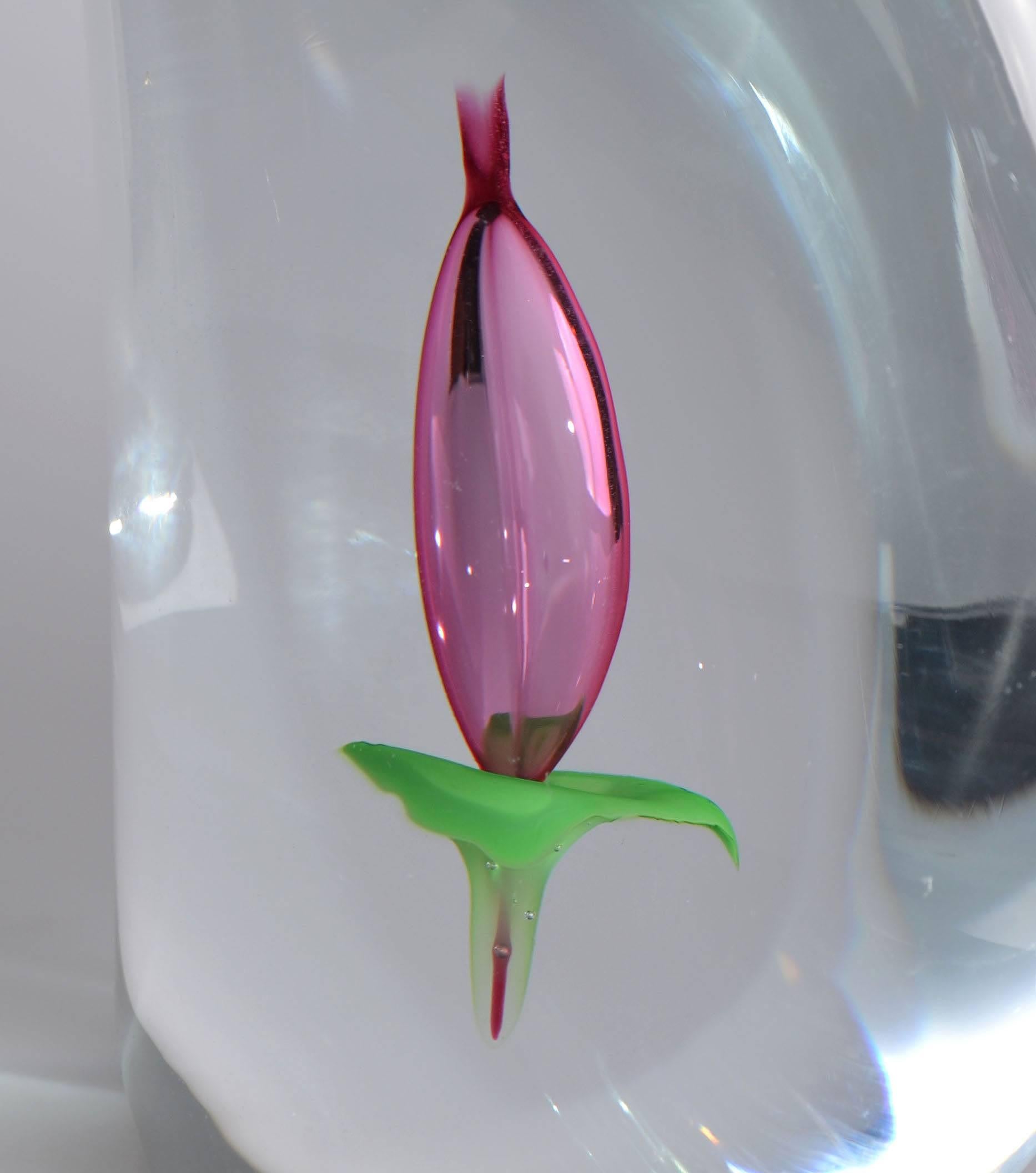 Mid-Century Modern Signed Beranek Floral Glass Paperweight