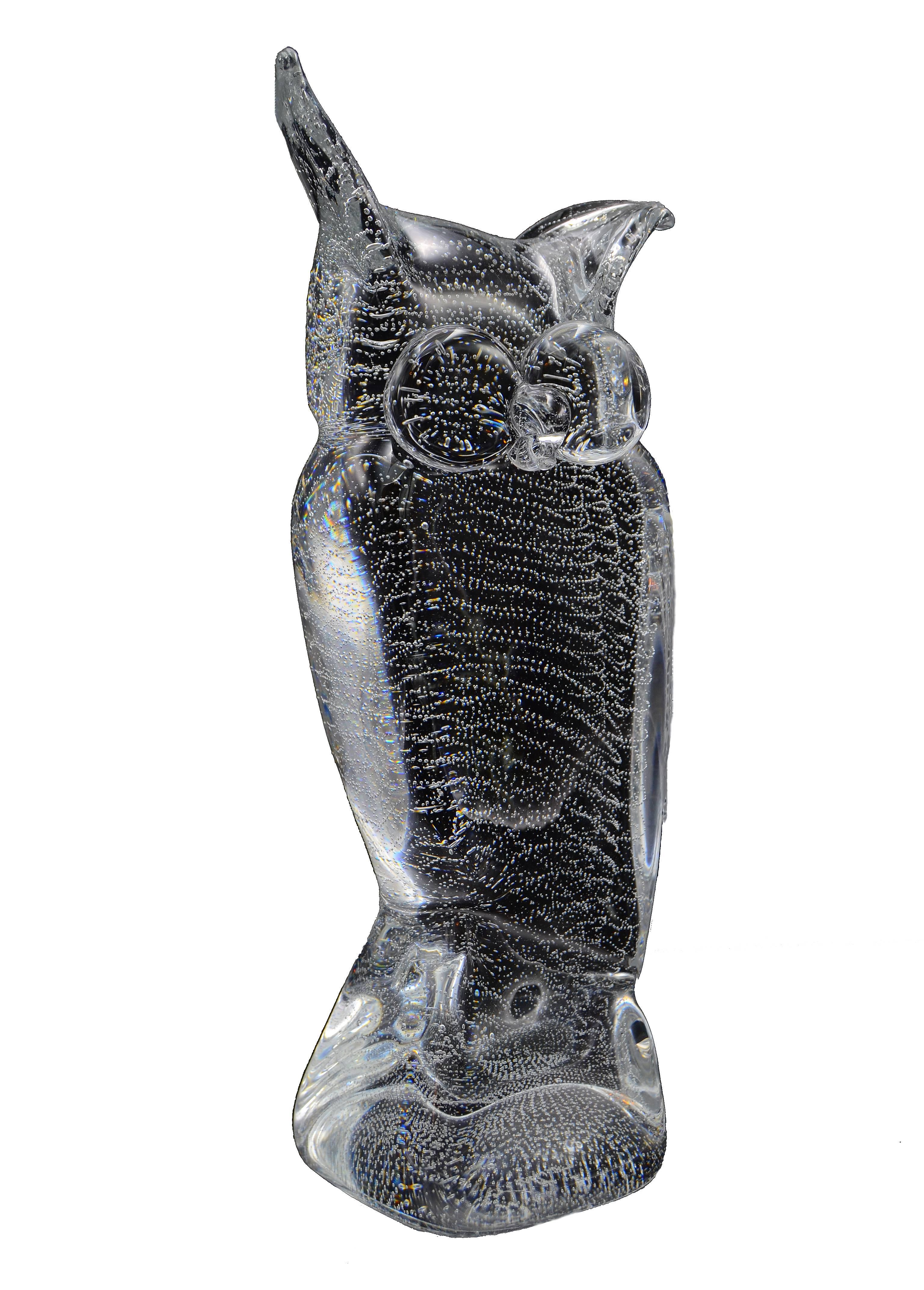 Verre d'art Licio Zanetti Murano Glass Owl Sculpture with Bubbles (Sculpture de hibou en verre de Murano avec bulles)