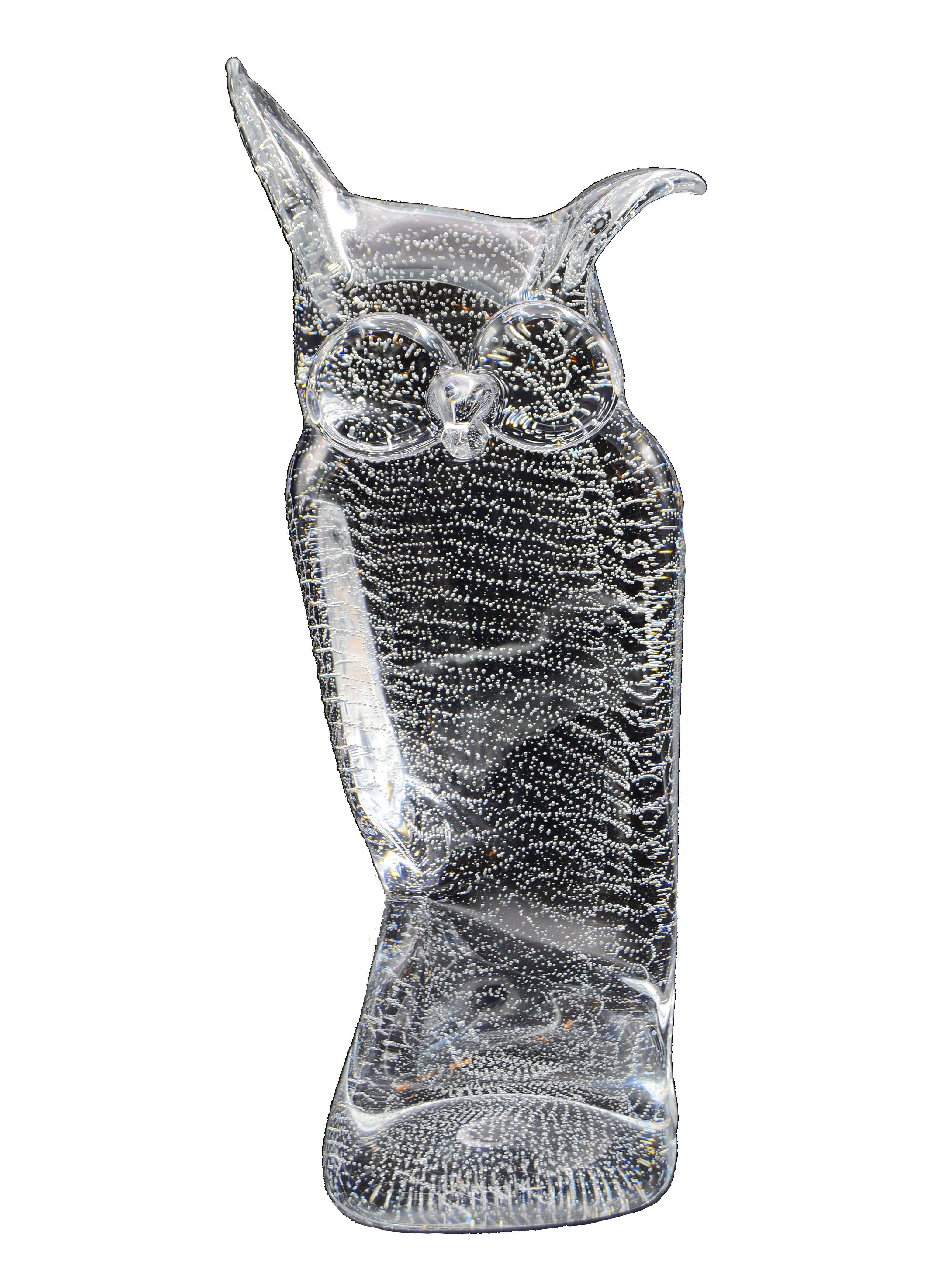 Art Glass Licio Zanetti Murano Glass Owl Sculpture with Bubbles