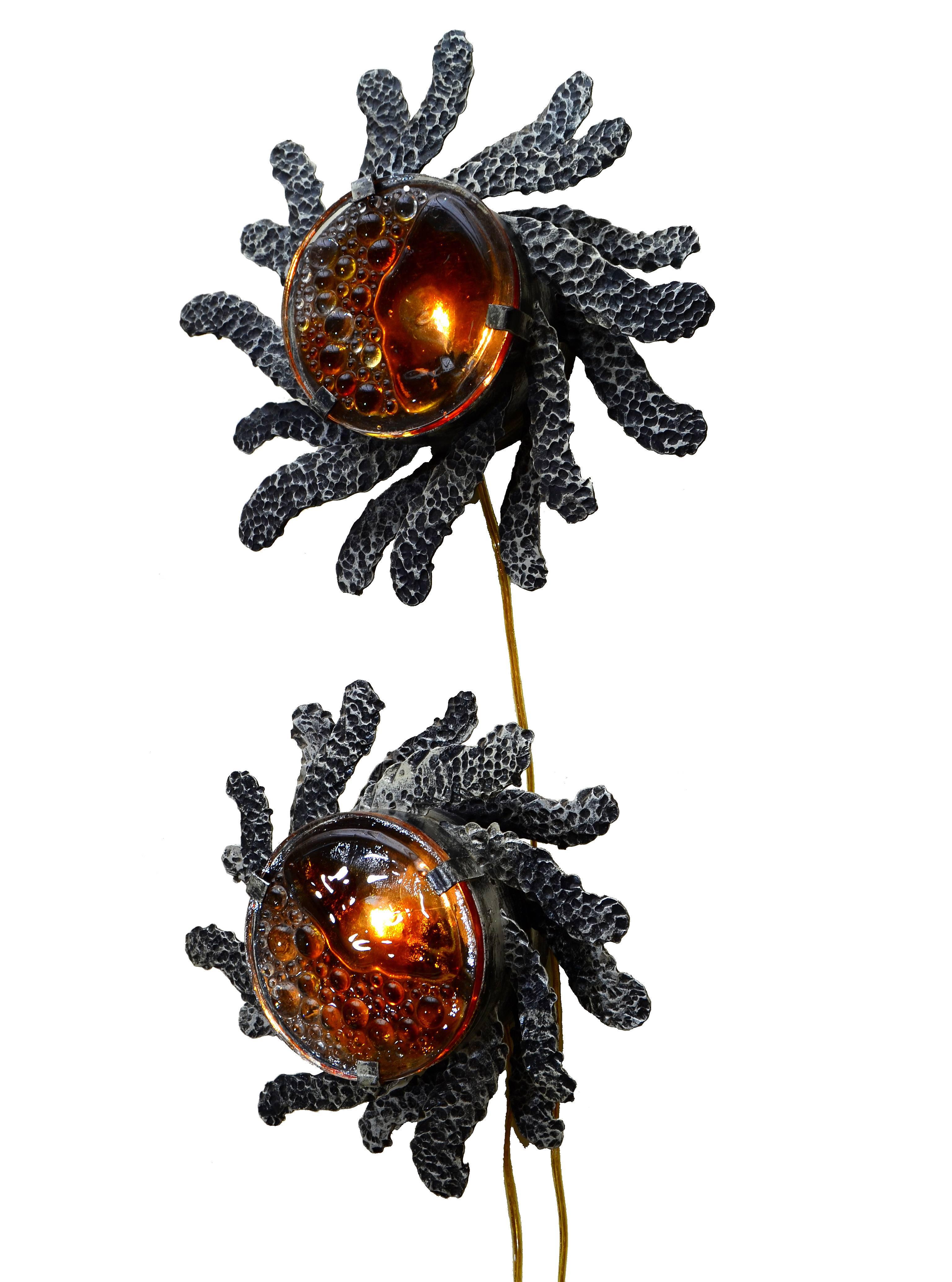 Hand-Crafted Italian Brutalist Style Sunburst Wrought Iron Murano Glass Sconces Mazzega For Sale
