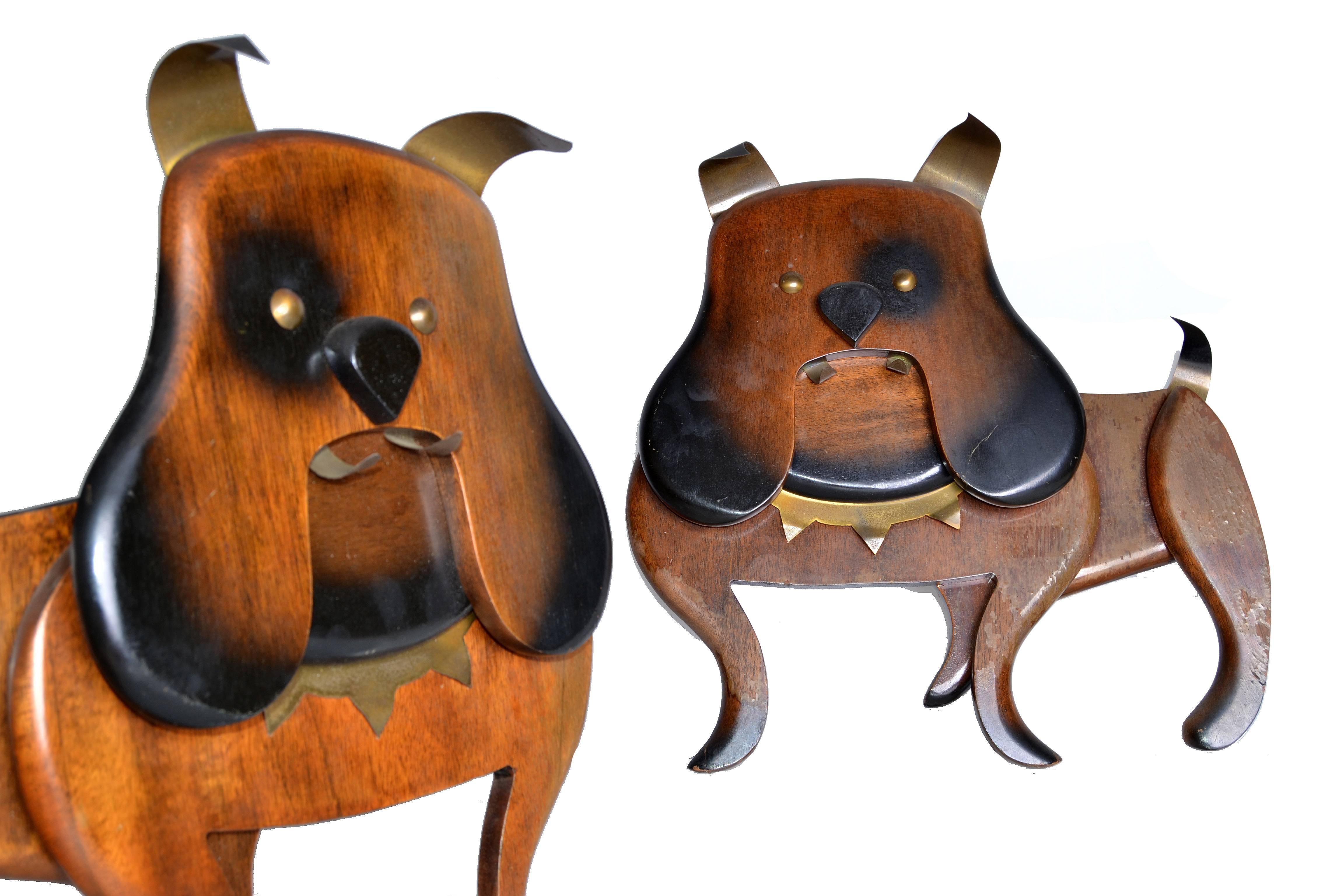 American Pair of 1962 Wood and Brass Dog Wall Art