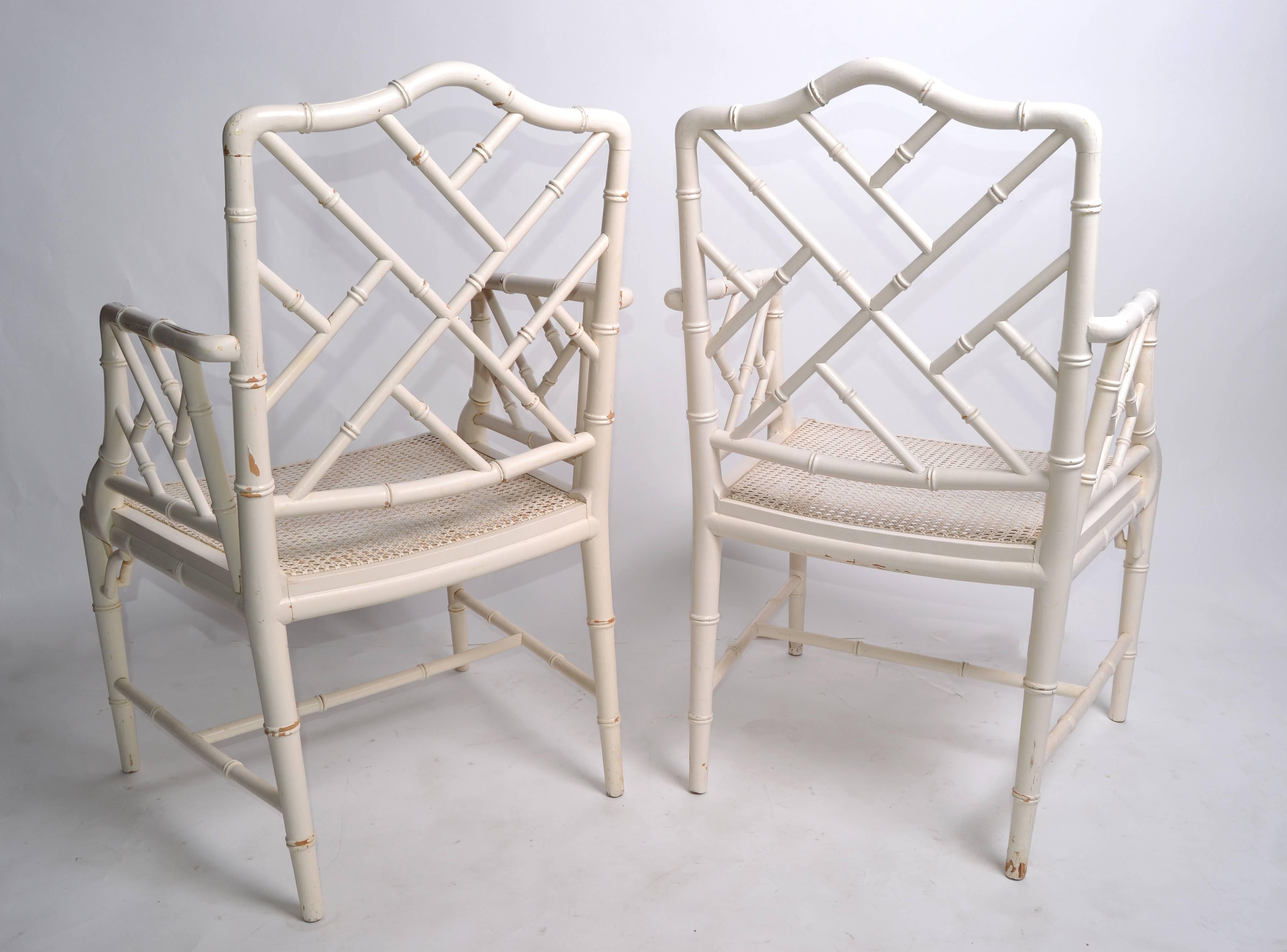 Lacquered Hollywood Regency Faux Bamboo Chinese Chippendale Armchairs, Pair For Sale