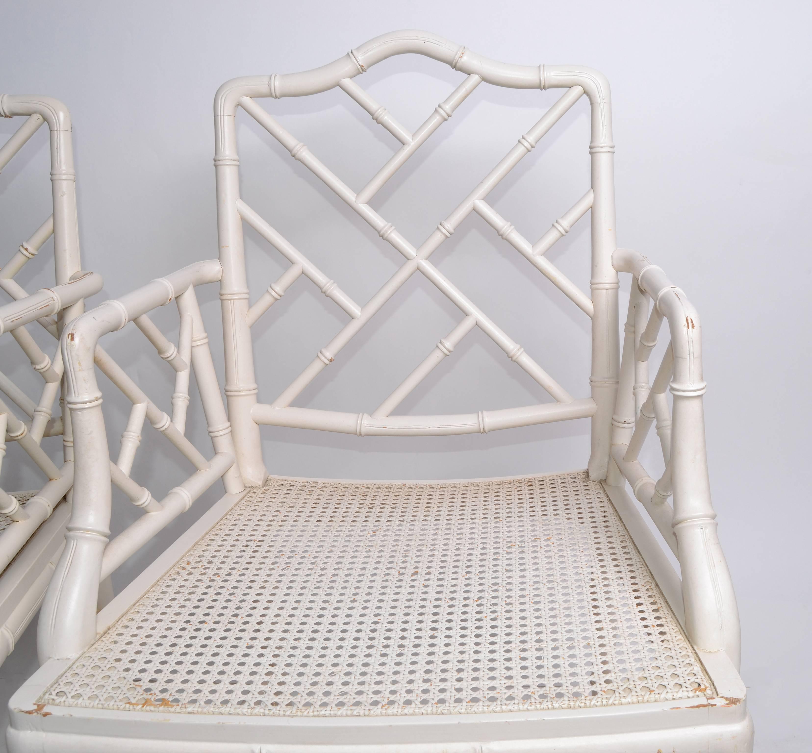 20th Century Hollywood Regency Faux Bamboo Chinese Chippendale Armchairs, Pair For Sale