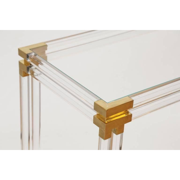 Polished Charles Hollis Jones Style Lucite and Brass Console