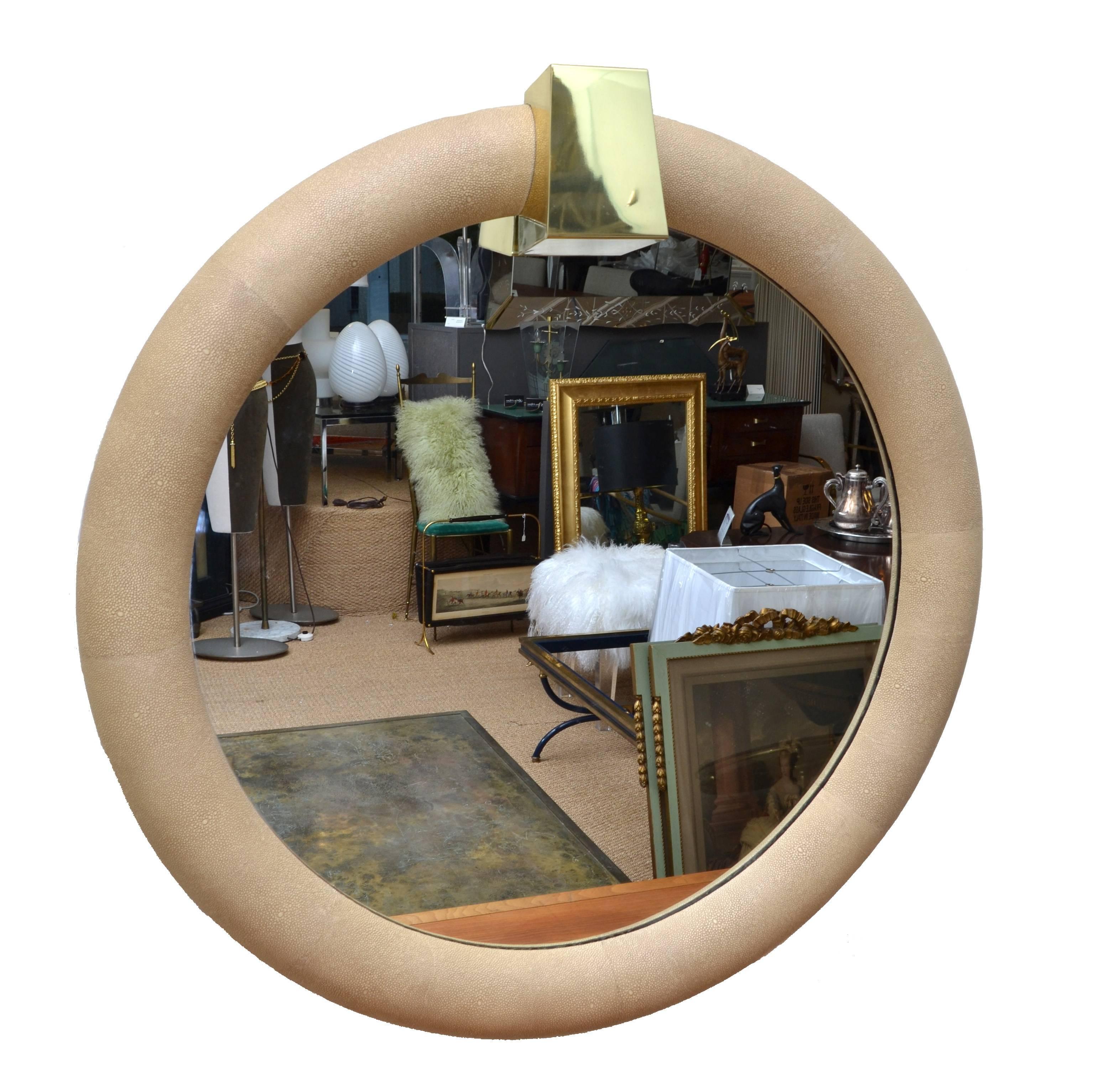 Mid-Century Modern Karl Springer Style Shagreen Mirror with Brass Keystone