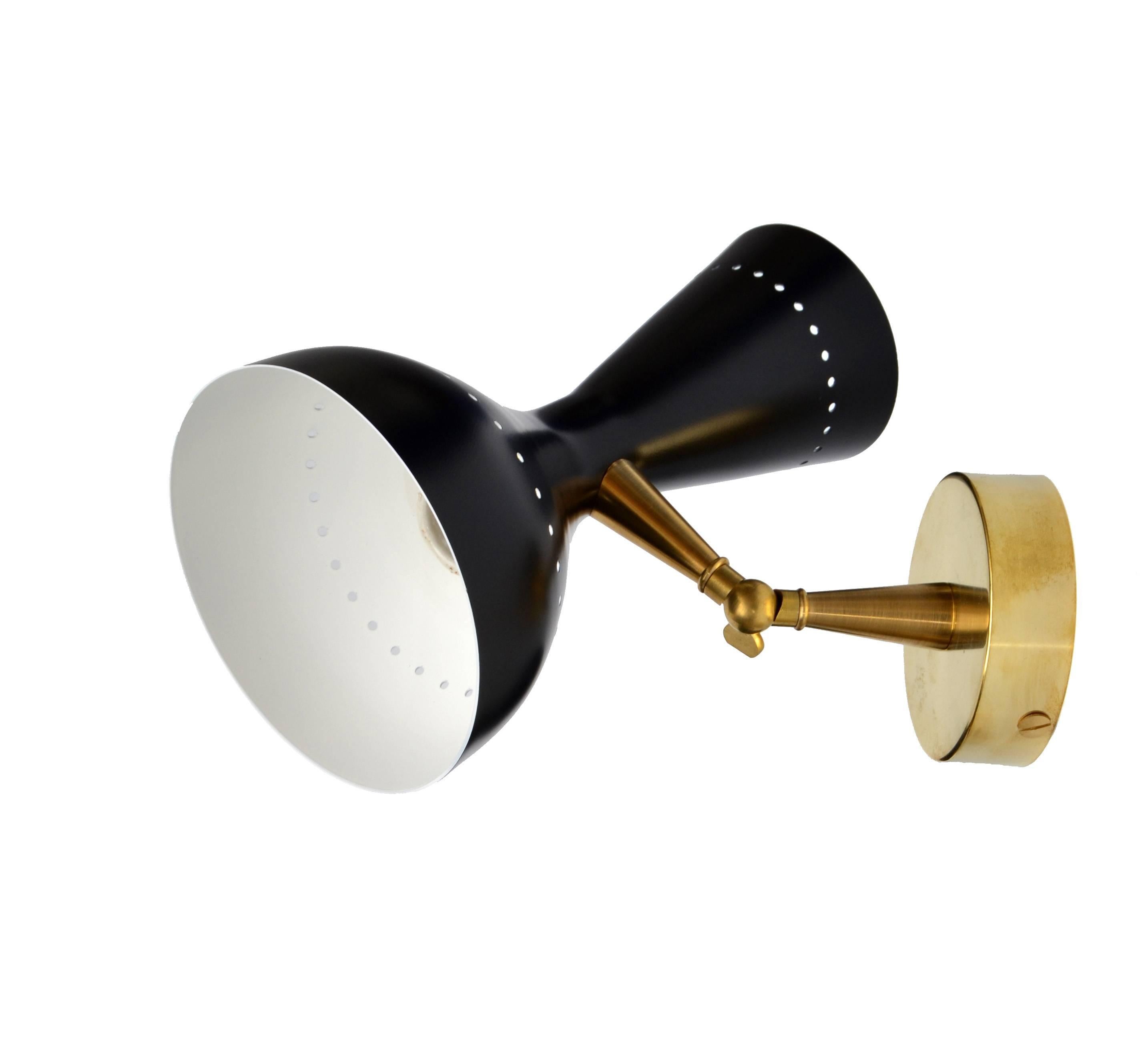 Italian Diabolo Sconce in the Style of Stilnovo Brass Metal Black White Enamel Finish For Sale