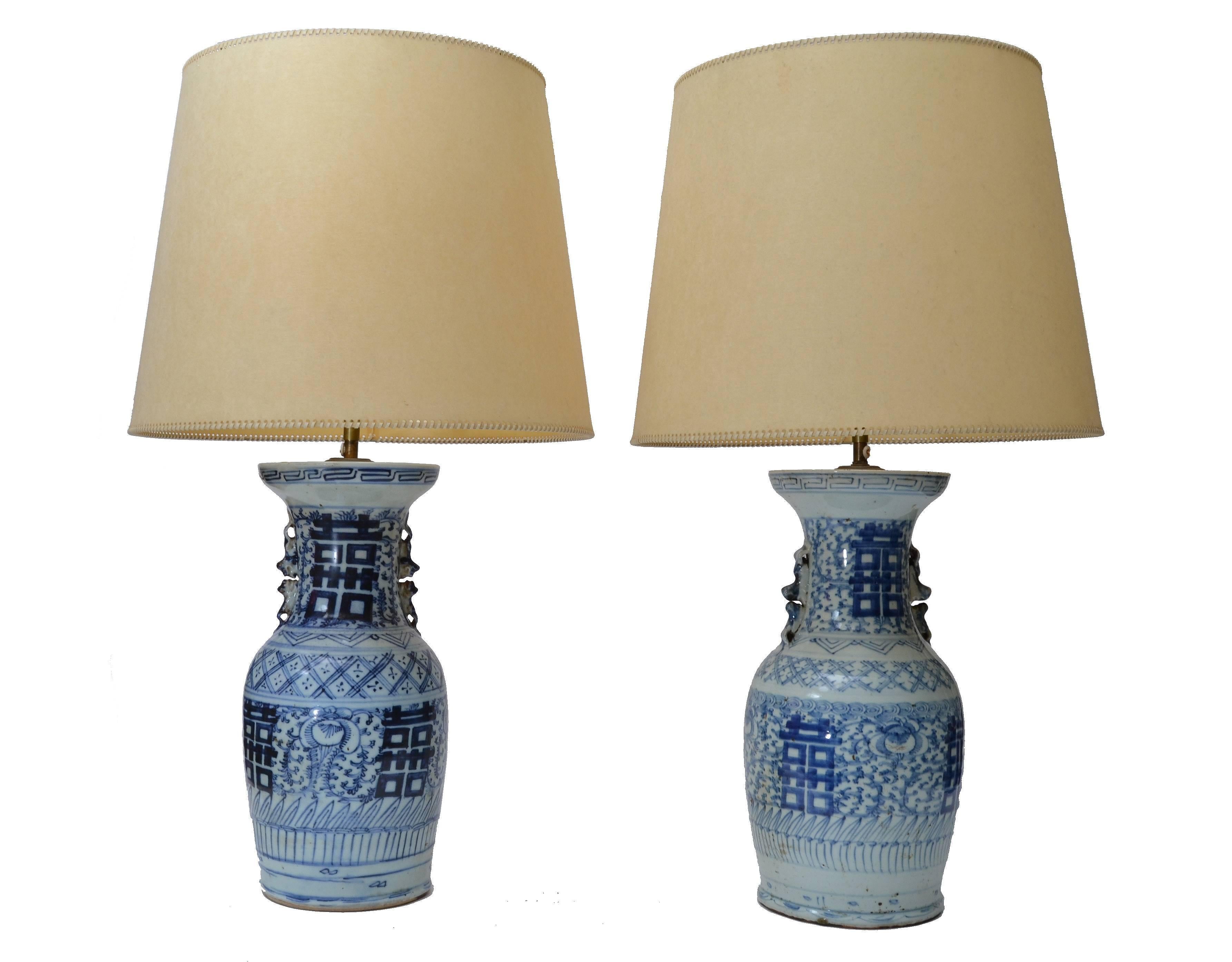 Chinoiserie Chinese Blue Grey Pottery Table Lamps with Original Shades, Pair